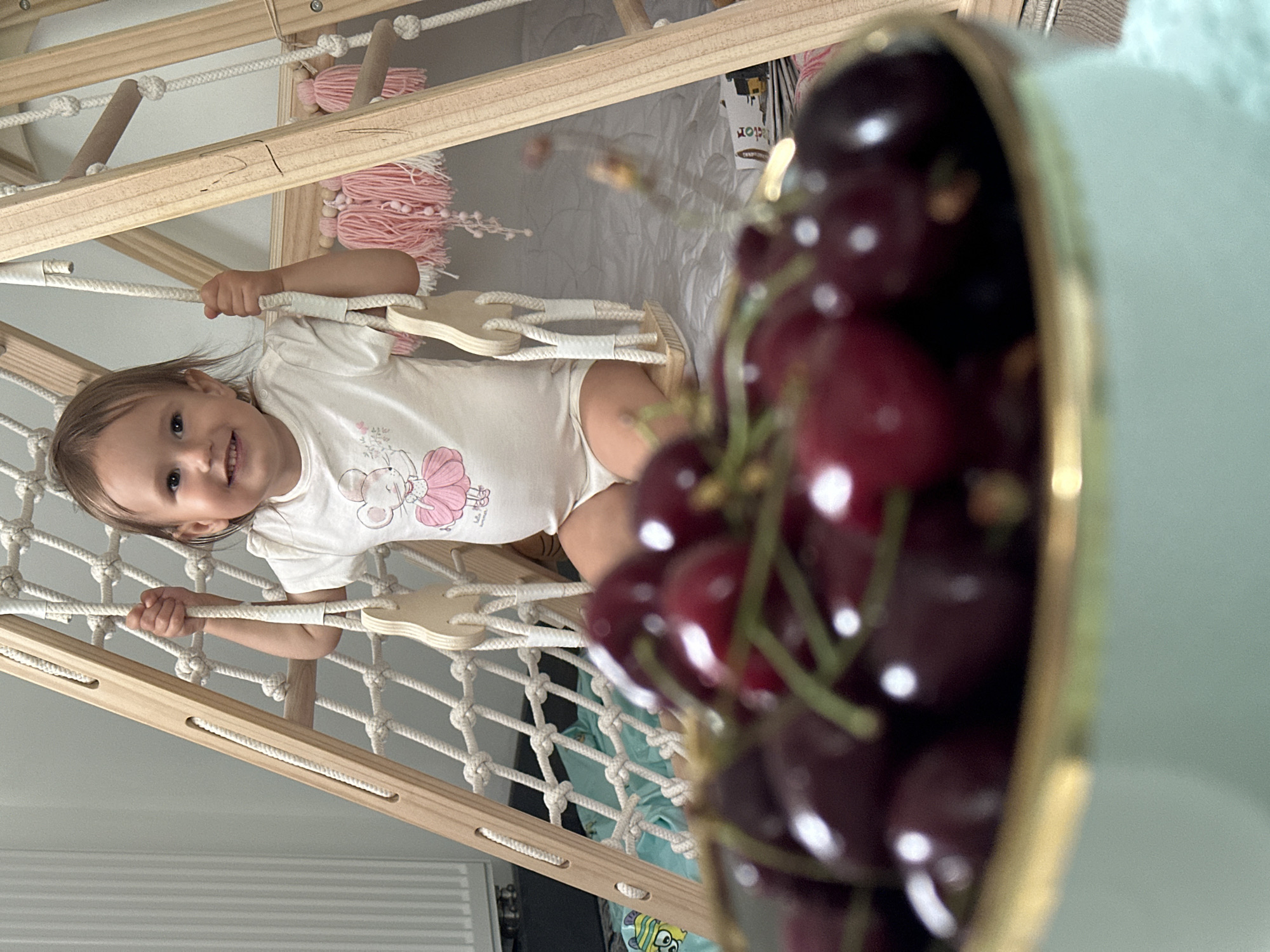 The image shows a young child, likely a toddler, lying on their back on a wooden climbing structure. The child is wearing a white t-shirt with a pink mouse graphic on it. They are smiling and looking towards the camera. The climbing structure appears to be made of light-colored wood and is adorned with white ropes and pink tassels. In the foreground and to the right, a close-up of a bowl filled with ripe cherries is visible. The cherries are dark red and have green stems. The overall scene suggests a playful and domestic setting, possibly indoors, given the soft lighting and the presence of nursery-like elements. The child's expression is happy and engaged, indicating a positive interaction with their surroundings. The time of day is not explicitly indicated, but the lighting suggests it could be daytime. The location context of Wisła, Poland, provides a geographical reference but doesn't offer specific visual cues within the image itself. There is no visible text in the image.