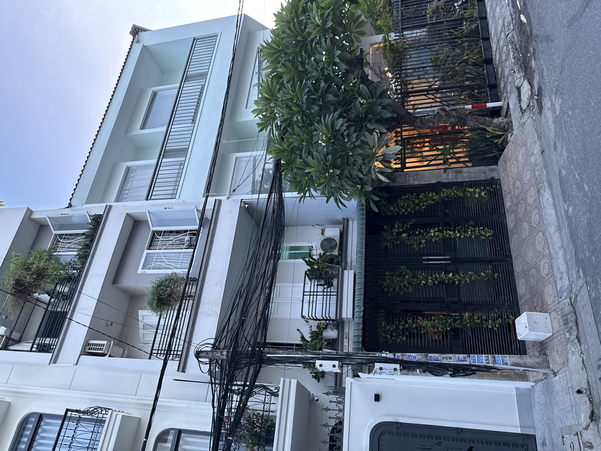 The image shows a multi-story building in Nha Trang, Vietnam, with a residential facade. The building is light blue and white, and it has several balconies with black railings. There are plants on the balconies. The ground floor has a black metal gate with green vines hanging from it. A tree with green leaves and white flowers stands in front of the building. The street in front of the building is paved with gray concrete and has a storm drain. The sky is clear and blue. There are no people or animals visible in the image. The image is taken from a low angle, looking up at the building.