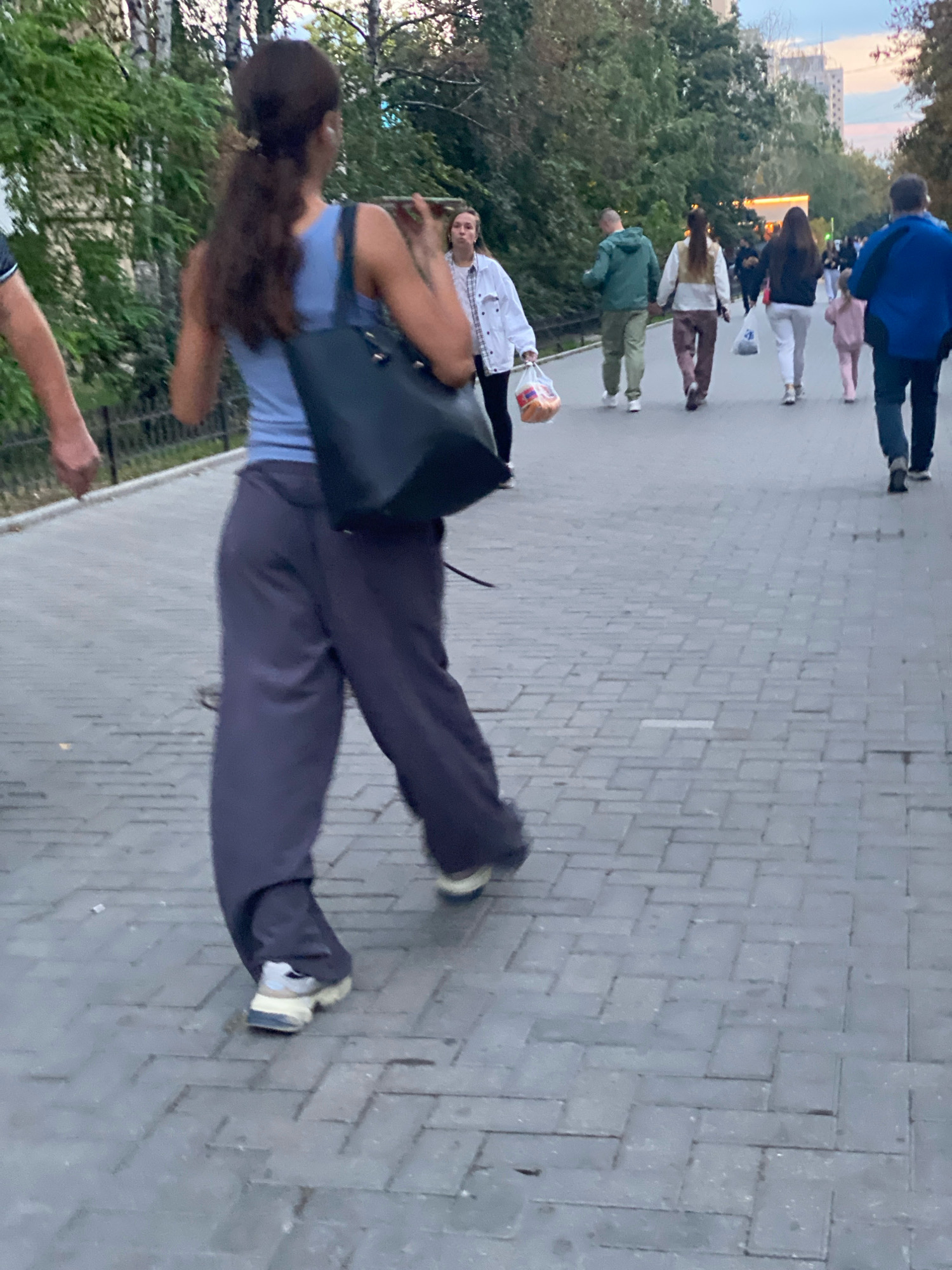The image shows a group of people walking on a paved walkway in an urban park. The person in the foreground, viewed from behind, is wearing a blue tank top, dark grey loose-fitting pants, and white and beige sneakers. They are carrying a large dark tote bag. To their left, a person's arm and hand are visible, also walking. In the background, several other individuals are walking away from the camera. One person wears a green hooded jacket and light green pants, another wears a white jacket and dark pants, and a woman in the background wears a black jacket and white pants. Further back, a small child in a pink outfit is walking, followed by a person in a blue jacket. The walkway is paved with rectangular gray bricks laid in a herringbone pattern. Trees and foliage line the left side of the walkway, with a metal fence visible behind the trees. In the distance, a tall building is visible, suggesting an urban environment. The lighting indicates it is either early morning or late afternoon. The location is an outdoor public space, likely a park or promenade, in Chișinău, Moldova.