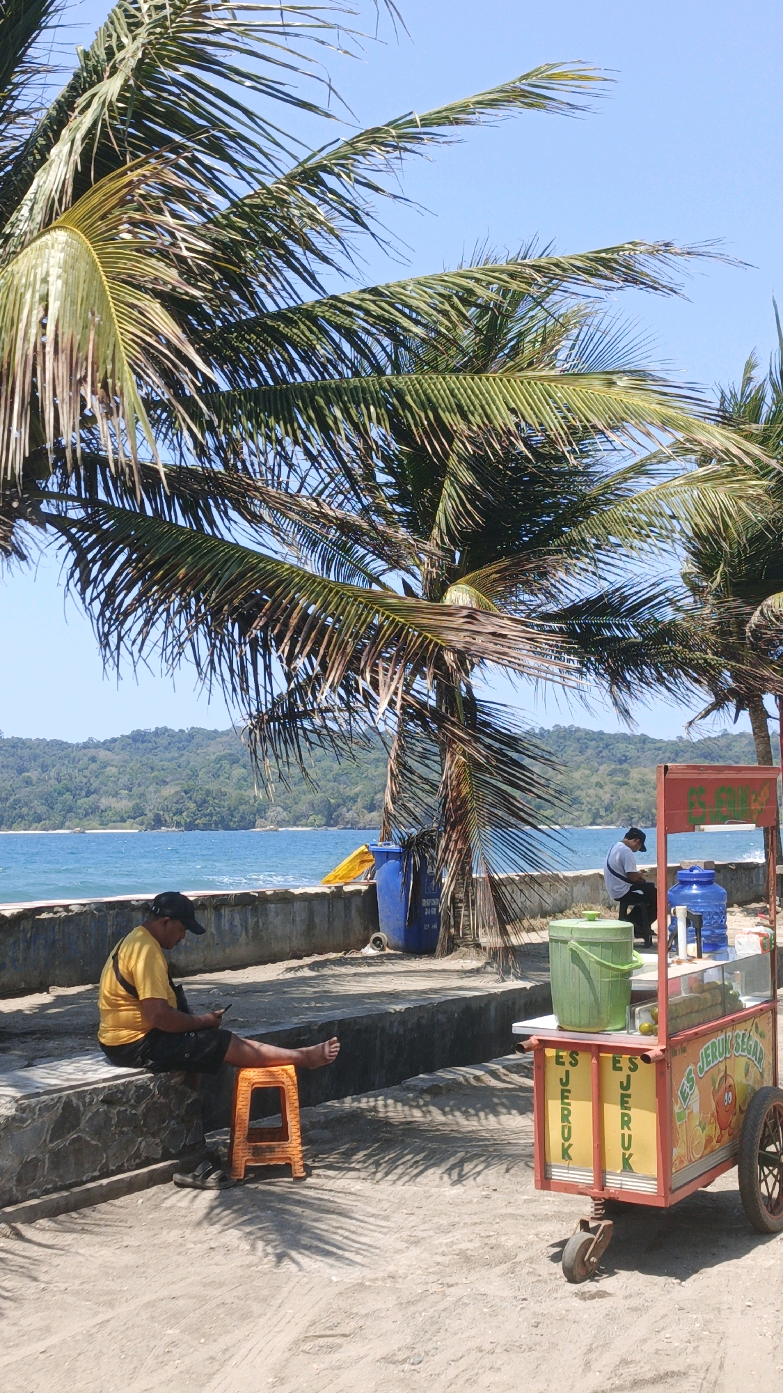 The image depicts a beachfront scene in Desa Pagandaran, Indonesia. In the foreground, a man wearing a yellow t-shirt and black shorts sits on a stone ledge, looking at his phone and resting his feet on an orange stool. To his right, a red and yellow pushcart, likely a beverage stand, is parked on the sandy ground. The cart has signs that read "ES JERUK SEGAR" (Fresh Orange Juice) and displays images of fruit. A large green bucket and two blue water dispensers are visible on or near the cart. Further back, a blue trash bin is positioned against a low concrete wall that separates the beach from the ocean. Beyond the wall, the blue ocean stretches to the horizon, with a lush green, forested hillside visible in the distance. Several palm trees with green and brown fronds are scattered throughout the scene, casting shadows on the sand. A second person, wearing a white shirt and black shorts, sits near the pushcart, also looking down. The sky is clear and blue, suggesting a sunny day.