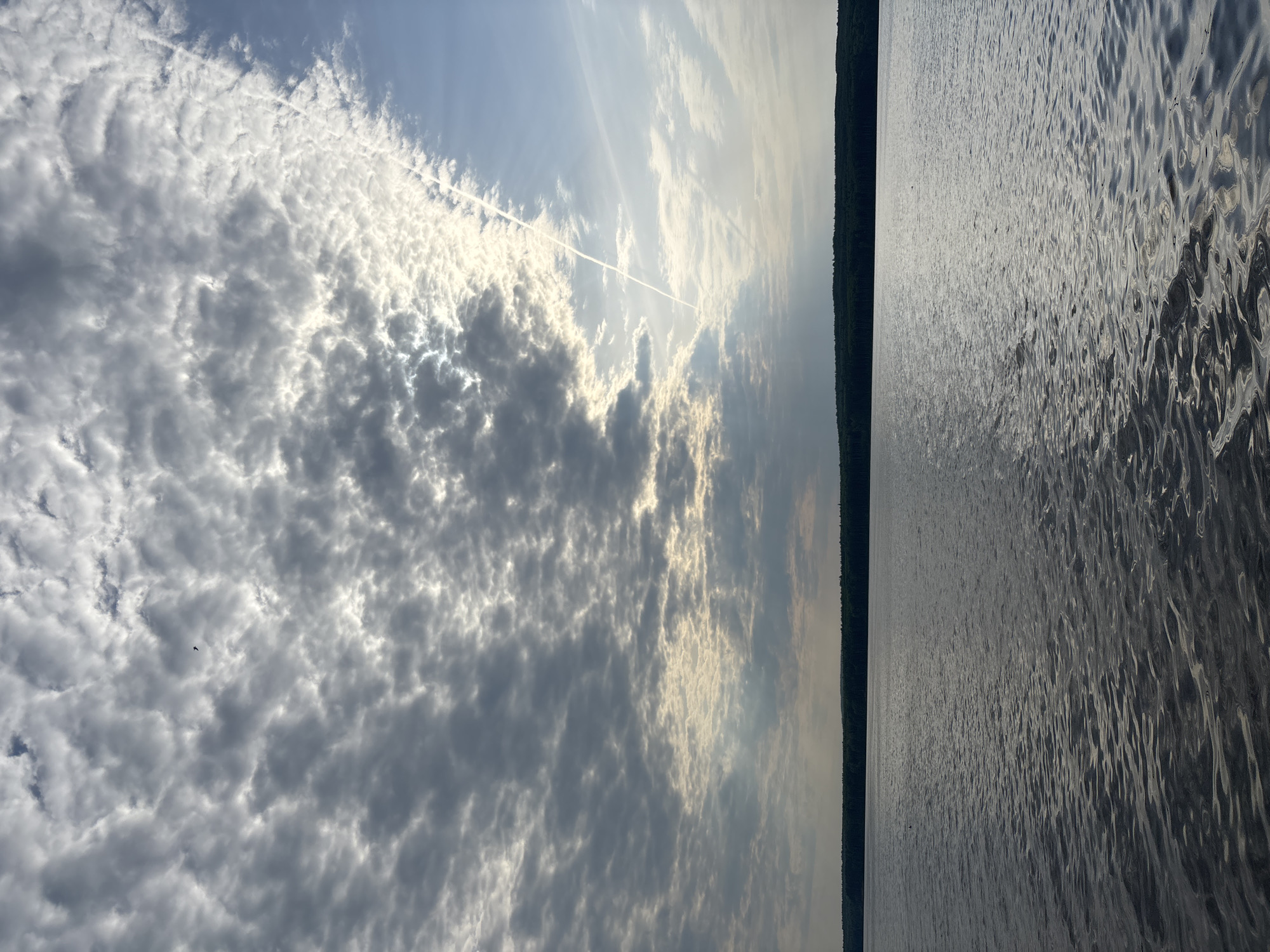 The image presents a waterfront view, likely a lake or river, under a sky dominated by textured clouds. Two faint contrails bisect the scene. A dark treeline is visible on the opposite shore. The water's surface reflects the sky, creating a rippled texture. The image is likely taken in Chaikovsky, Russia, given the prompt. However, without specific architectural or geographic features identifiable, pinpointing the exact location within Chaikovsky is not possible. No people are visible.