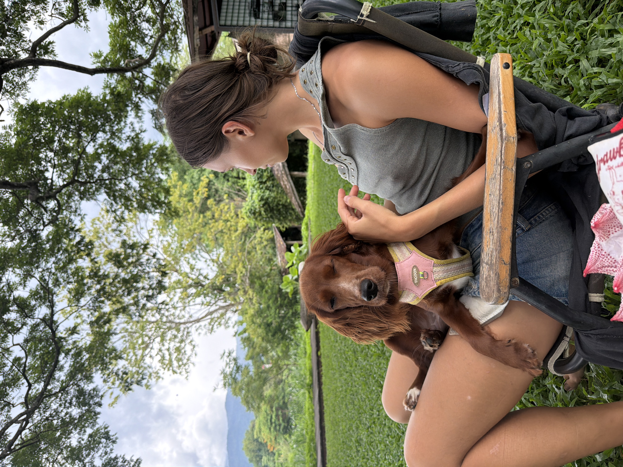 In Tambon San Phi Suea, Thailand, a woman sits in a folding chair outdoors, holding a brown dog on her lap. The woman is wearing a grey ribbed tank top and denim shorts. She has her hair tied back in a bun. The dog, wearing a pink harness, is resting its head on her arm. They are seated on a grassy lawn, with trees and hills visible in the background. The weather appears to be cloudy.
