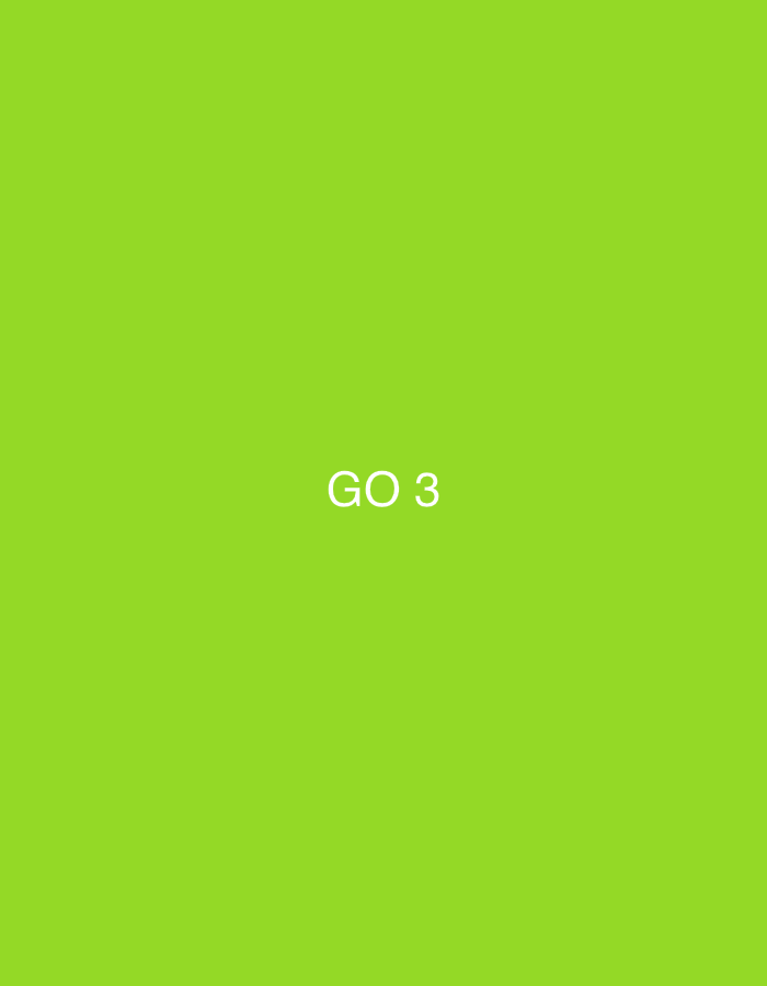 The media file is a solid green background with white text in the center that reads "GO 3". The text is horizontally centered and located towards the middle of the frame. There are no people, objects, or any other visual elements in the image. The background is a uniform, bright green, suggesting it might be a digital graphic or a simple backdrop. No information about the time of day, weather, location, or emotions is discernible.