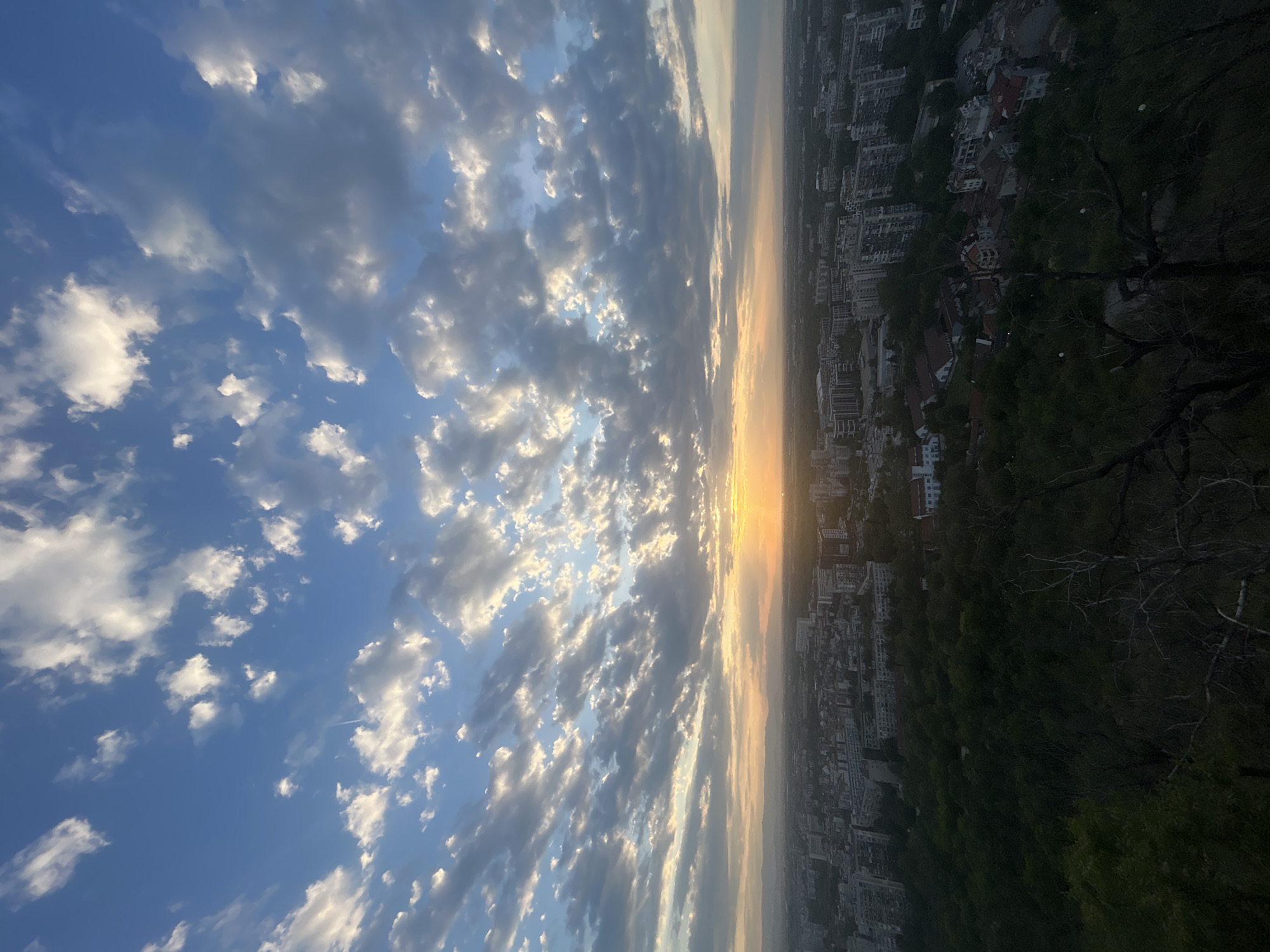 The image depicts a view over Plovdiv, Bulgaria, captured from the elevated location of Bunarjik Tepe hill. The sky occupies the left half of the frame, showcasing a scattered pattern of cumulus clouds in various shades of white and grey against a blue backdrop. A strip of sunset hues separates the sky from the city.
The right half of the image reveals the urban landscape. Residential and commercial buildings, identifiable by their rooftop shapes and building heights, are visible, interspersed with patches of green indicating parks or gardens. The foreground is dominated by the dark silhouette of tree branches and foliage, suggesting the viewpoint is within a wooded area. The sunlight is visible in the middle, indicating sunrise or sunset.
