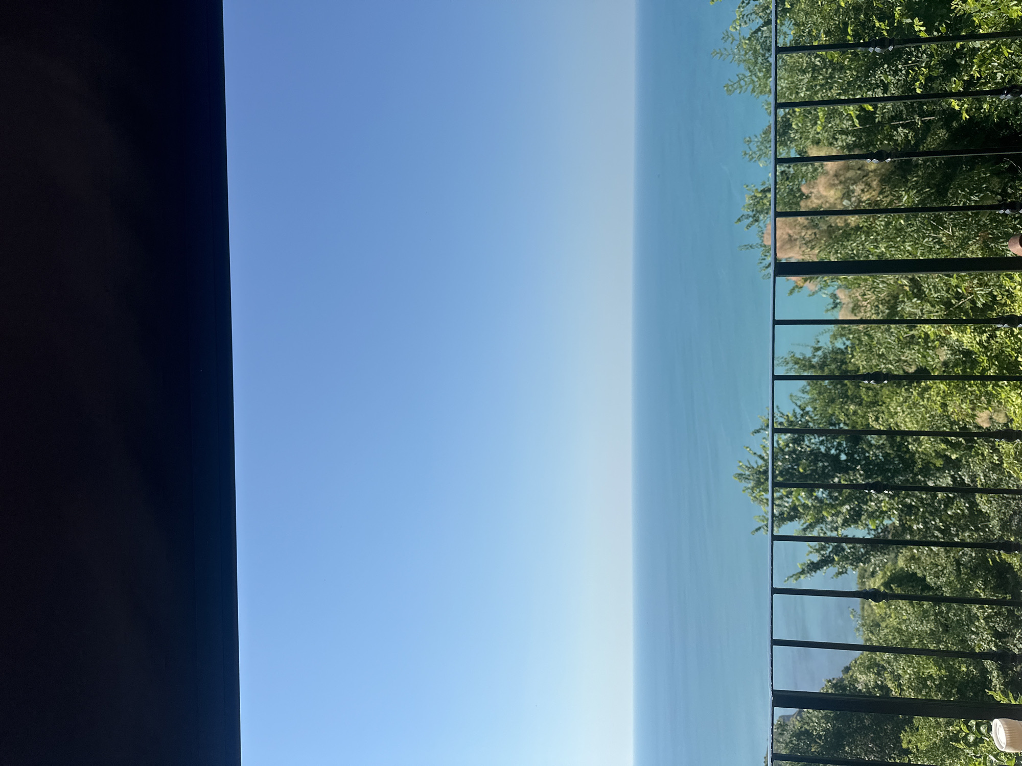 The image is a vertical, wide-angle shot looking out over a calm body of water, likely a lake or ocean, stretching towards the horizon. The sky is a gradient of clear blue, transitioning to a lighter shade near the water's edge, suggesting it is daytime. On the right side of the frame, a black metal railing runs horizontally, providing a foreground element. Beyond the railing, lush green trees and foliage are visible, adding depth and texture to the scene. The water appears still and reflective, mirroring the soft light of the sky. The overall impression is one of tranquility and natural beauty. The image seems to be taken from a vantage point, possibly a balcony or elevated area, offering a panoramic view. There is no visible text in the image. The composition, with the distinct divide between the dark foreground on the left, the expanse of sky and water, and the railing and greenery on the right, creates a visually striking and serene landscape.