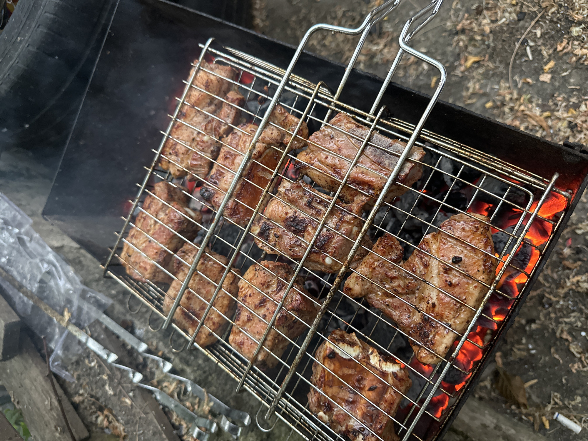 A close-up, overhead shot shows pieces of meat cooking on a grill over hot coals. The meat is arranged in a metal grilling basket, with some pieces showing char marks from the heat. The grill is black and appears to be a portable barbecue. The background is blurred but suggests an outdoor setting with debris on the ground, possibly leaves and twigs. There are no people visible in the image. The overall scene depicts a food preparation activity outdoors. The image does not provide specific details to infer the location within Razdolnoye, Russia.