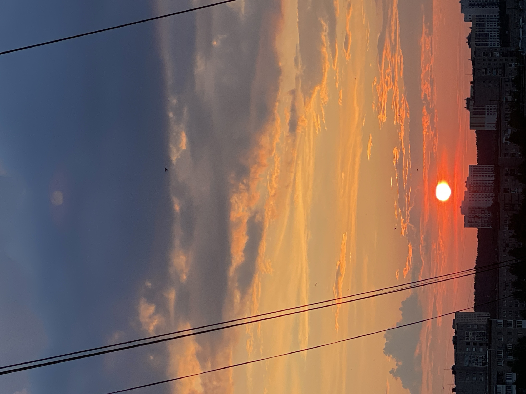 The image shows a sunset over the city of Izhevsk, Russia. The sun is a bright orange orb low on the horizon, casting a warm glow across the sky. The sky is filled with dramatic clouds, painted in shades of orange, pink, and deep blue. Silhouetted against the vibrant sky are the buildings of Izhevsk, with apartment blocks and other structures lining the cityscape. Several wires are visible in the foreground, stretching diagonally across the frame, suggesting the perspective is from a building or elevated position. A few birds are present in the sky, small dark specks against the colorful backdrop. The overall scene captures the dramatic beauty of a sunset in an urban environment.
