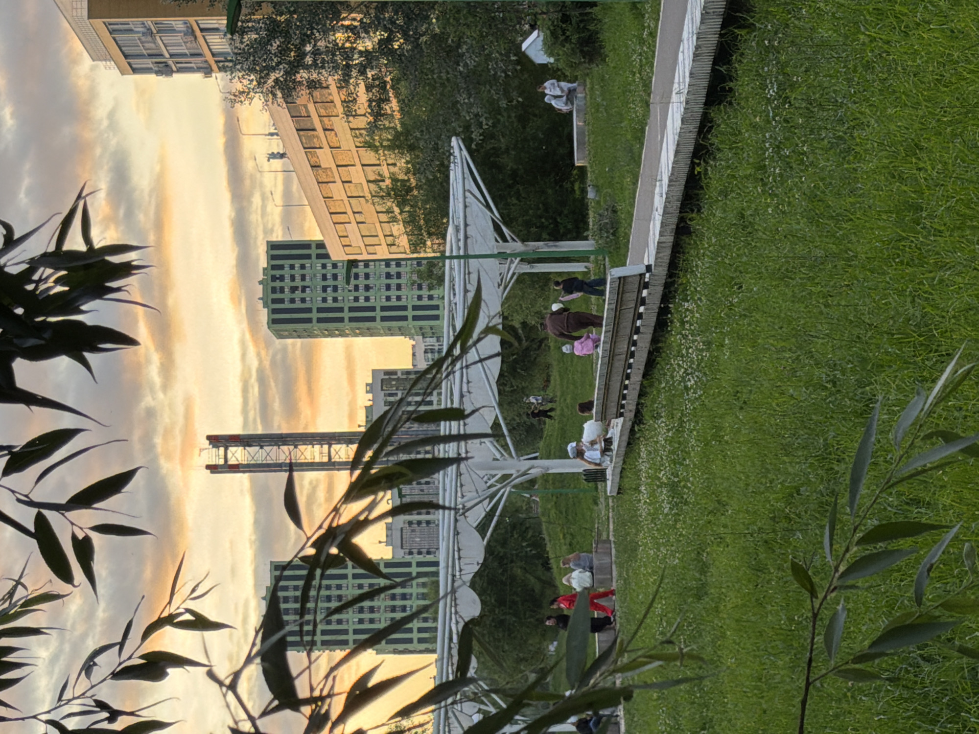 The image depicts a park scene in Kazan, Russia, during what appears to be sunset. Several people are scattered across the grassy area and on a wooden deck with white structures. In the foreground, lush green grass is dotted with small white flowers, and tree branches with dark green leaves obscure parts of the view.
In the mid-ground, a group of people are visible. Some are sitting on a bench on the wooden deck, while others are standing or walking on the grass. One person in a red jacket is walking away from the camera. Another group, near the white structures, appears to be interacting.
The background features modern apartment buildings, one prominently green and another with beige and brown facades. A tall, industrial-looking structure, possibly a construction crane or part of a bridge, is visible against a sky filled with dramatic, colorful clouds, indicating the golden hour. The overall atmosphere seems relaxed, with people enjoying the outdoor space in the soft light of the setting sun. The weather appears to be pleasant and clear. No visible text is present in the image.
