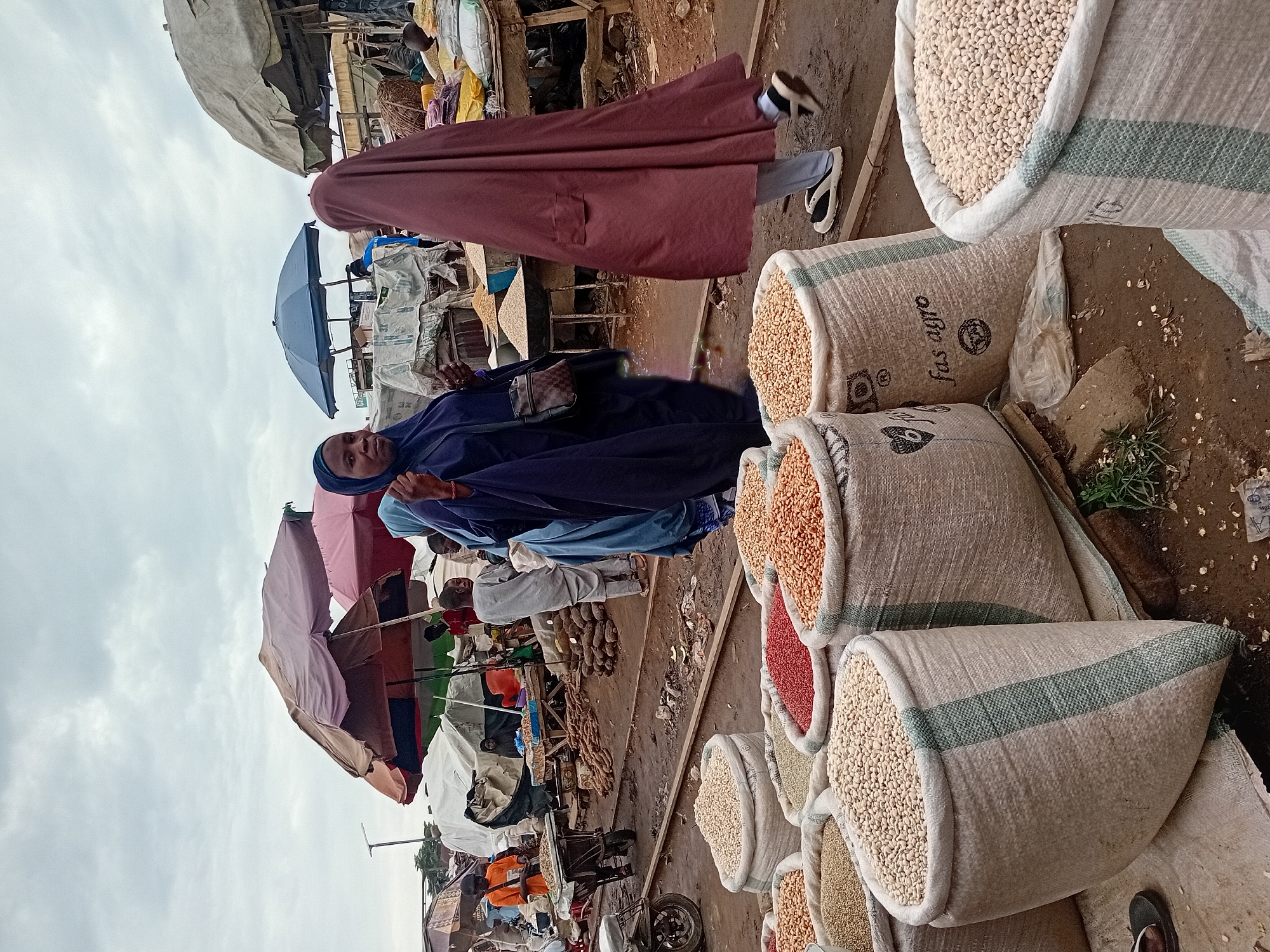 In Maiburiji, Nigeria, an outdoor market scene unfolds under an overcast sky. The foreground is dominated by large, burlap sacks overflowing with various grains and legumes. Several people are present. In the center, a woman wearing a dark blue hijab and dress, with a patterned shoulder bag, looks towards the camera while holding something in her hand. To her right, another individual, also in a hijab, walks away from the camera, wearing a reddish-brown robe and light blue trousers with white and black shoes.
Behind the sacks of produce, a bustling market environment is visible. Several stalls are set up with awnings and umbrellas providing shade. A person in an orange shirt is seen interacting with a cart filled with goods. Other individuals, including children, are scattered throughout the market. The ground is dirt and appears somewhat damp. In the background, more market stalls and structures are visible, suggesting a lively commercial area. The overall impression is that of a busy day at a local Nigerian market.