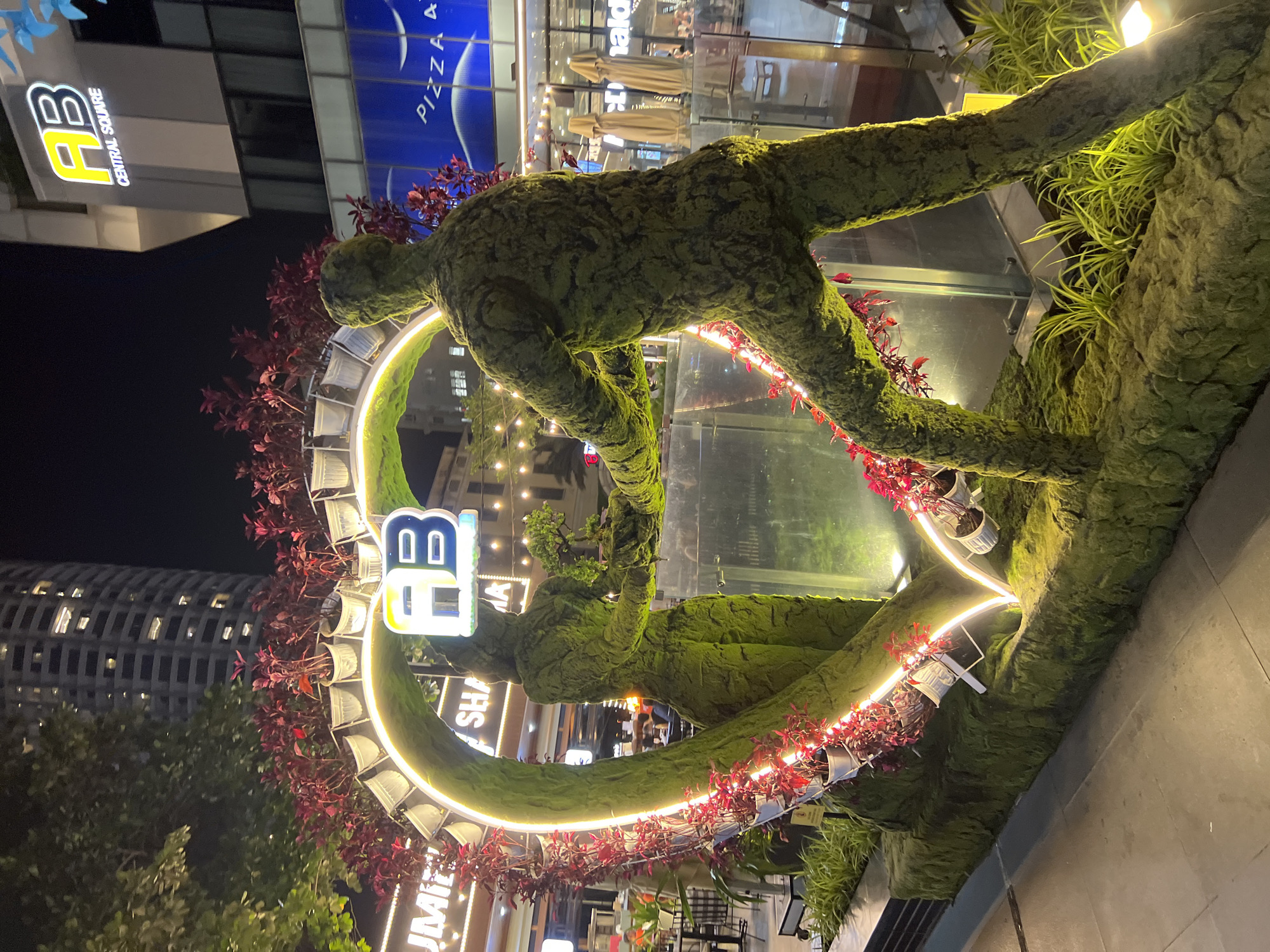 In Nha Trang, Vietnam, at night, a large outdoor sculpture is prominently displayed. The sculpture depicts two figures made of moss, forming a heart shape. The figures are facing each other and appear to be holding hands. The heart shape is outlined with glowing neon lights and adorned with red-leafed plants in white pots. The ground around the sculpture is covered in moss and grass, with some potted plants and decorative lighting. In the background, a tall building with many illuminated windows stands, and a sign for "AB CENTRAL SQUARE" is visible. Further in the background, parts of a McDonald's and a Pizza restaurant are discernible, along with outdoor seating areas and umbrellas. The overall scene is well-lit, suggesting a public space like a plaza or a commercial area.