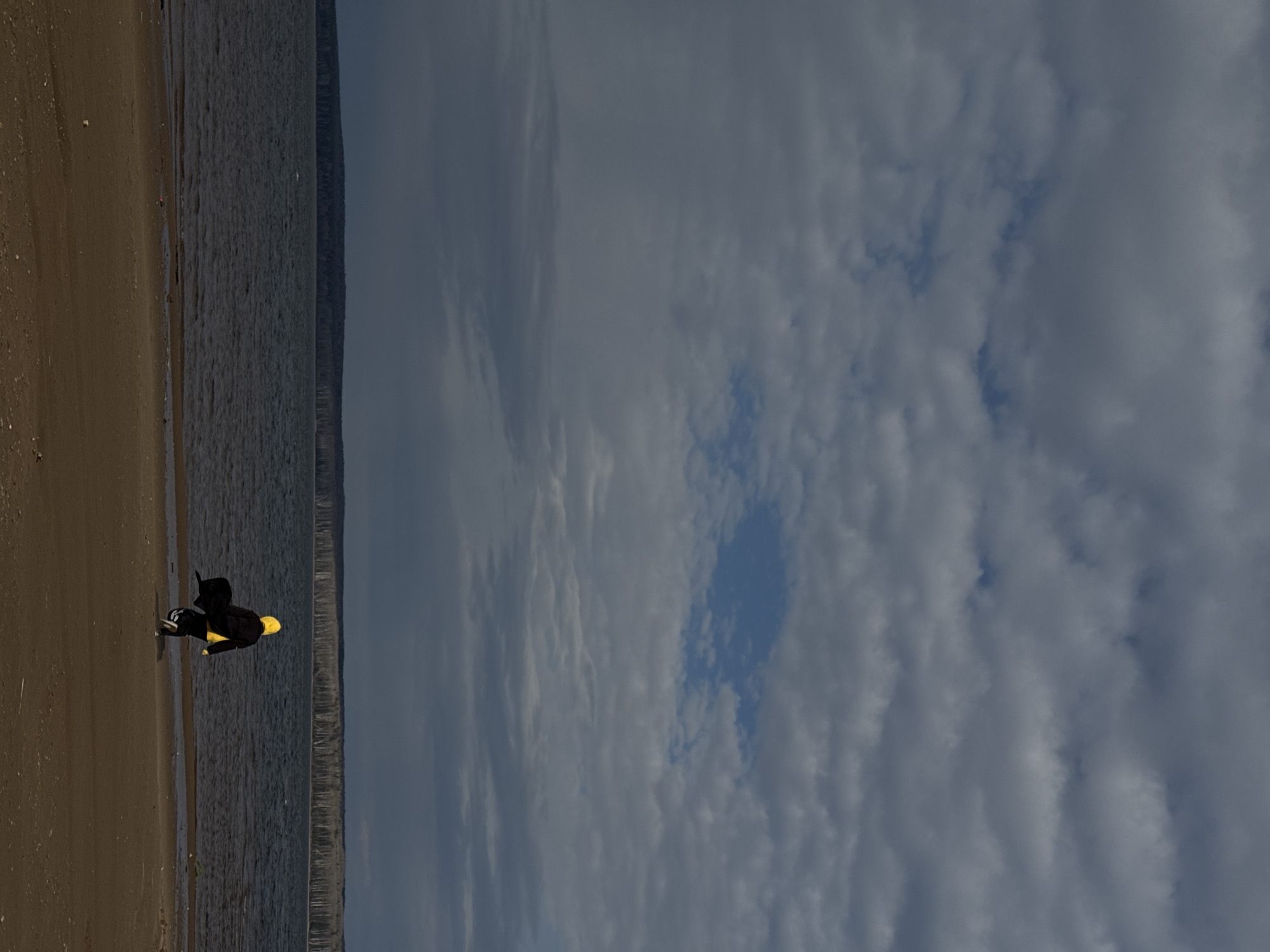 The image presents an expansive outdoor scene featuring a solitary figure on a sandy shoreline, a wide body of water, distant land, and a cloudy sky. In the lower-left foreground, a person is depicted in a crouching or bending posture near the water's edge. They are dressed in dark attire, with a distinct bright yellow top or jacket and a black hood or hat. The person appears focused on something close to the ground or in the shallow water.
The body of water, likely a river or large lake consistent with the Chaikovsky, Russia location, is dark and shows surface ripples. A long, low stretch of land or hills defines the horizon beyond the water. The sky is predominantly covered with soft grey clouds, though distinct patches of clear blue sky are visible, suggesting a partly cloudy day. The overall lighting indicates it is daytime. No text is visible in the image.