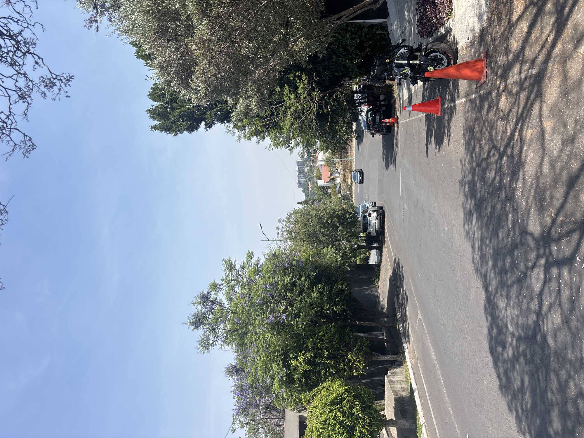 The image depicts a street scene in Mexico City, Mexico, under a clear blue sky. A straight asphalt road stretches into the distance, lined with sidewalks, trees, and parked vehicles. Several cars and trucks are parked along the right side of the road, along with a motorcycle near two orange traffic cones. A black vehicle is driving on the street, facing the camera. The buildings of the city can be seen in the distance between the trees. The pavement has tree shadows cast across it.