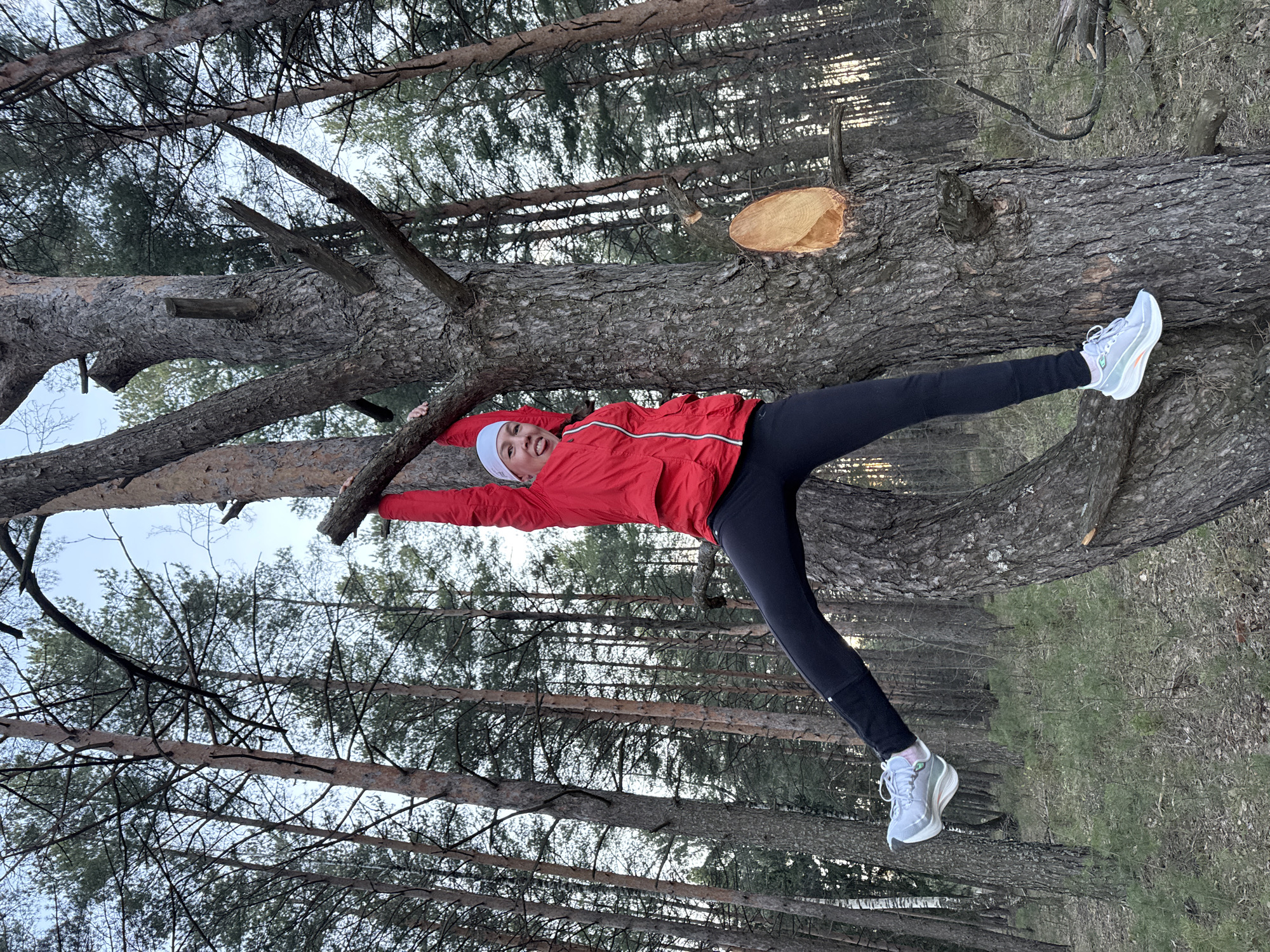 A woman is captured in a playful pose, lying stretched out on a large, fallen tree trunk in a pine forest. She is wearing a bright red athletic jacket with a white zipper and reflective details, black leggings, a white head-covering, and light-colored athletic shoes with thick soles. Her face is joyful, with an open-mouthed smile, indicating a moment of happiness or laughter.
The woman balances with her arms extended along the rough, bark-covered trunk and one leg lifted into the air. One section of the fallen tree trunk shows a fresh, light-colored cut, contrasting with its darker bark. The background features a dense and tall pine forest, with numerous tree trunks reaching upwards against an overcast or twilight sky, suggesting late afternoon or early evening. The scene conveys a sense of outdoor activity and connection with nature in the Прикамский region of Russia. No visible text is clearly legible in the image.