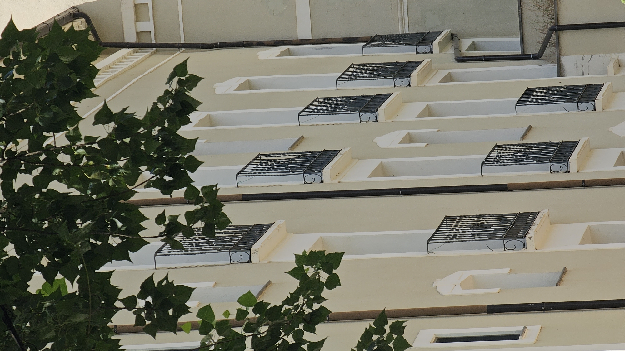 The image shows a close-up view of the facade of a light-colored building in Alhama de Aragón, Spain, with dark green leaves from a tree obscuring the top left portion of the frame. The building features multiple identical windows or balconies with black wrought-iron railings, each topped with a curved decorative element. The windows are set within recessed frames with white trim. Vertical dark brown downspouts are visible running along the facade. The building appears to be several stories high, and a portion of an adjacent, differently colored building is visible on the right side of the frame. The scene is outdoors on a bright day, as indicated by the lighting and the shadows. There are no people or animals visible in the image.