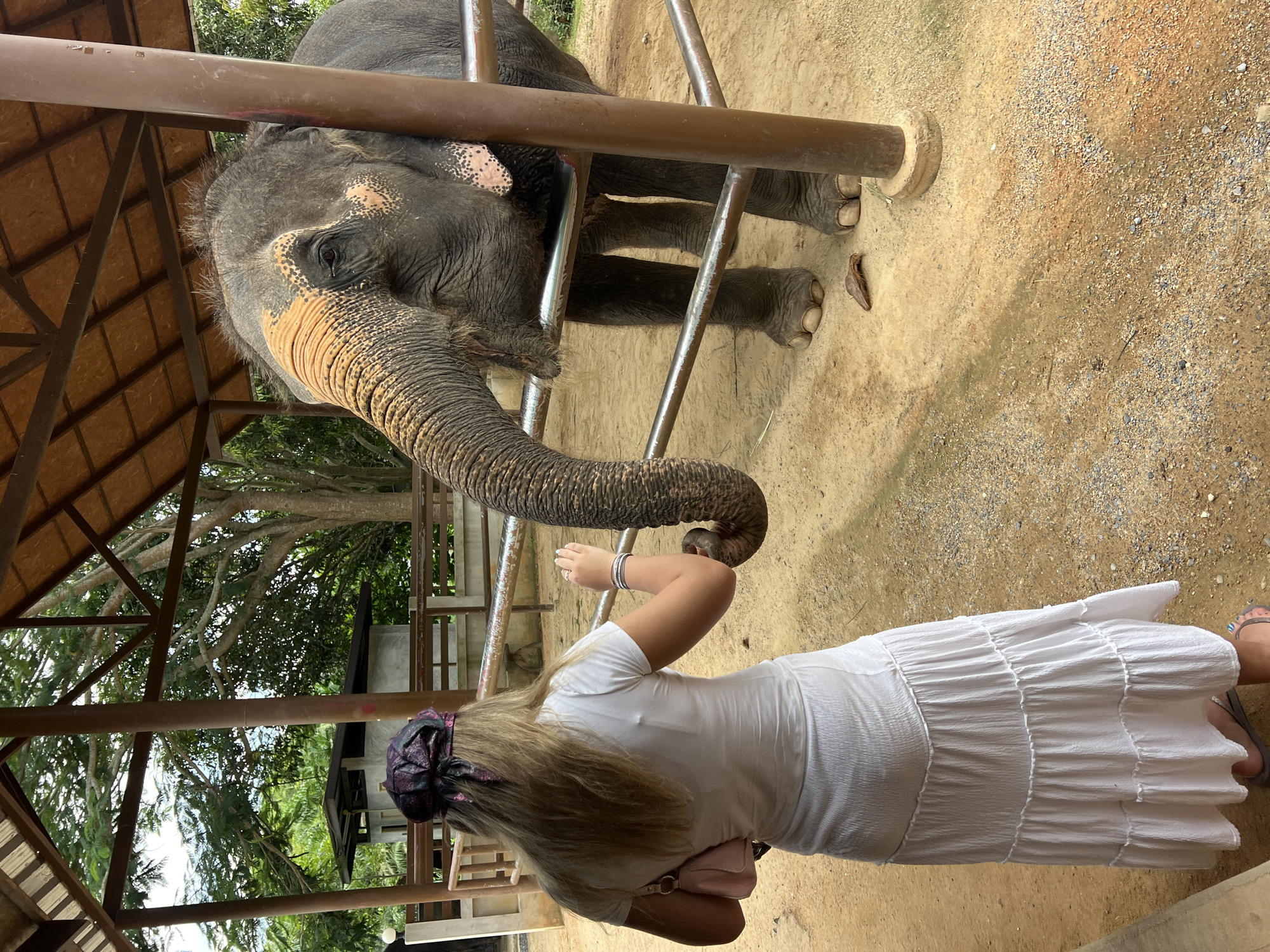 In Baan Thurian, Thailand, a woman wearing a white dress and a headscarf stands facing an elephant behind a metal railing. The woman has her hand extended towards the elephant's trunk. The elephant, with orange markings on its face, is also reaching out with its trunk. They are in an outdoor enclosure with a wooden roof overhead. The ground is sandy and dusty, with some vegetation visible in the background. The scene appears to be a tourist interaction with an elephant.