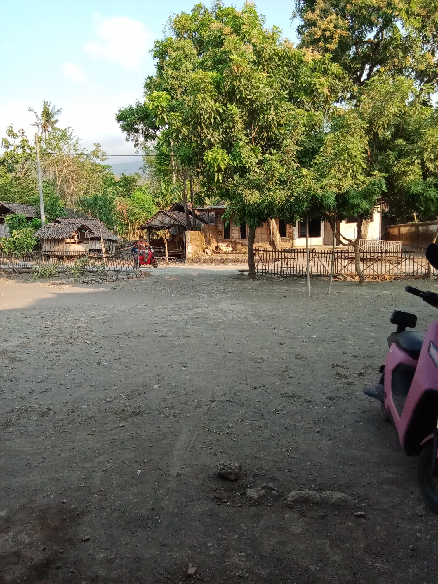 The image depicts a scene in a village in Selowogo, Indonesia. In the foreground, a dusty, unpaved area is visible, with a pink scooter parked on the right side of the frame. In the mid-ground, a few rustic structures with thatched roofs are present, some appearing to be small houses or huts. A person is riding a red motorcycle in front of one of these structures. A simple wooden fence encloses some of the buildings. Behind the structures, lush green trees dominate the landscape, with some smaller trees and vegetation. The sky above is mostly clear with a few wispy clouds. The overall impression is of a rural, possibly tropical, environment.