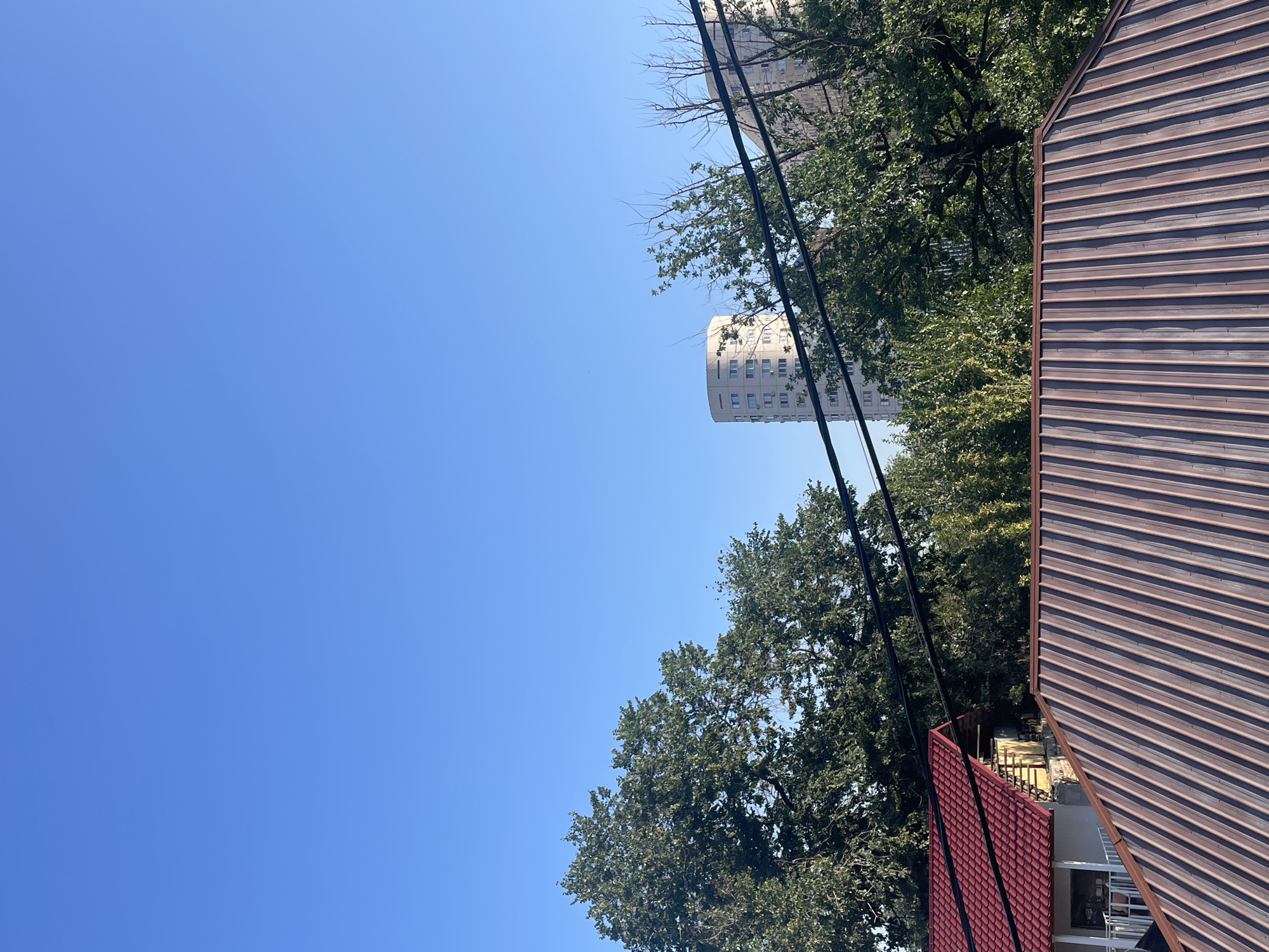The image depicts a view of urban residential buildings and natural elements under a clear blue sky. In the foreground, two pitched metal roofs are visible. The roof on the left is a reddish-brown color with visible shingles, and a portion of a white wall and balcony railing can be seen beneath it. The roof on the right is a metallic brown with pronounced vertical ridges. A thick cluster of dark green trees dominates the middle ground, partially obscuring the view of the structures behind them. Several dark overhead power lines run horizontally across the upper portion of the trees.
In the background, two tall, multi-story buildings are visible. The building on the left is a distinctive cylindrical structure with numerous rectangular windows arranged in horizontal bands. To its right, another taller, more rectangular building with a similar window pattern is partially visible. The sky is a uniform, cloudless blue, suggesting good weather conditions. The scene appears to be a residential area within the city of Almaty, Kazakhstan, likely captured from a slightly elevated vantage point, perhaps another building or a hill. No people are present in the image, and no specific actions are depicted. The overall impression is one of a typical urban landscape where modern architecture coexists with mature trees and infrastructure.