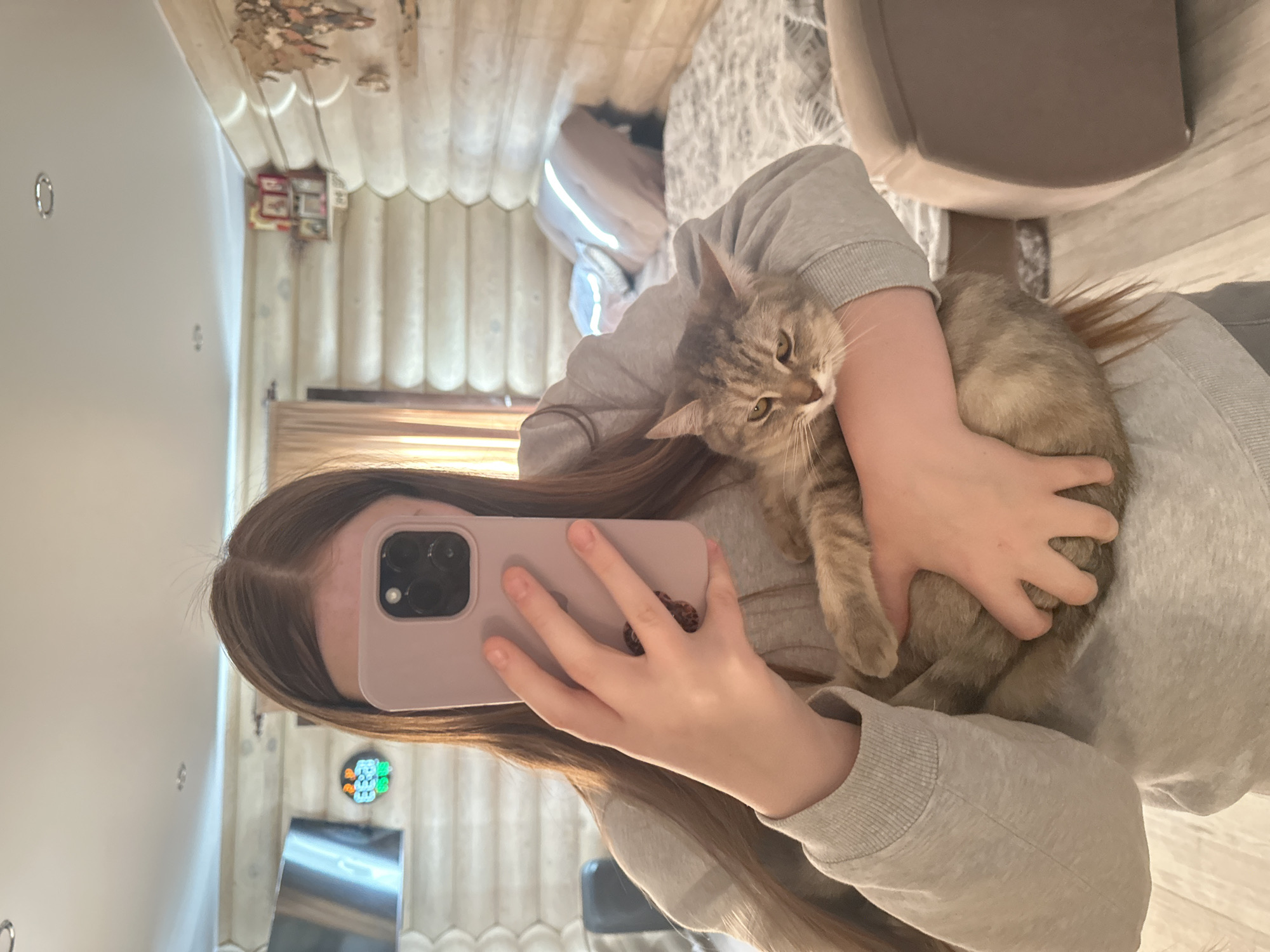 A woman in a gray sweatshirt is holding a light brown tabby cat in her arms while taking a selfie with a lilac iPhone. The woman has long brown hair. The background includes a room with log walls, furniture, and decorative items. The location is implied to be Ольховка, Russia.