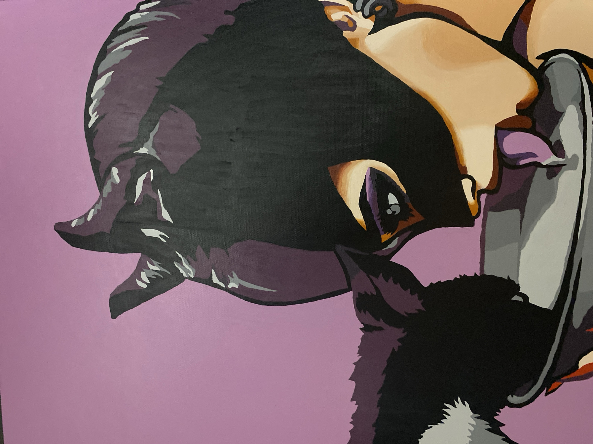 The image is a painting of a person dressed as Catwoman, with a black mask covering their face and pointed ears. The person is leaning down and licking something from a grey bowl. The background is a solid light pink color. There is no visible information or context that would allow for the determination of a location in Tambov, Russia, or any specific city.