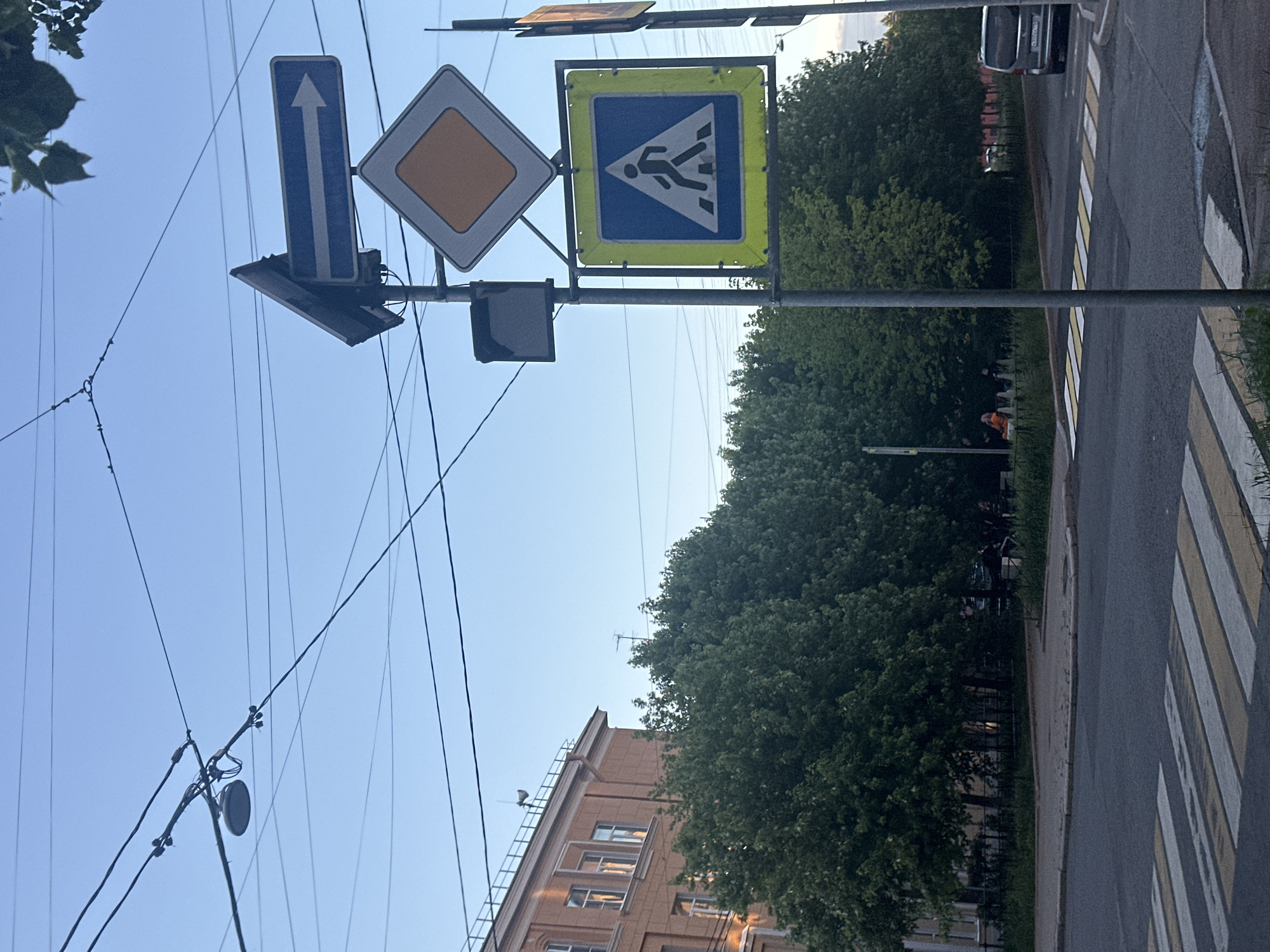 The image captures an urban street scene with a clear blue sky. In the foreground, a pedestrian crossing marked by yellow and white stripes is visible on the asphalt road. To the right, a utility pole supports several traffic signs: a blue rectangular sign with a white arrow pointing right, indicating a one-way street; a diamond-shaped sign with an orange interior, signifying priority road; and a blue square sign with a white border and a white pedestrian symbol, indicating a pedestrian crossing. Behind the signs, a row of lush green trees lines the sidewalk. In the background, a multi-story building with orange-tinted walls and numerous windows stands to the left, while more trees and a silver van are present on the right. Overhead, a complex network of electrical wires crisscrosses the sky. The scene appears to be an intersection in a city, with traffic signs and a pedestrian crossing suggesting a regulated area.
