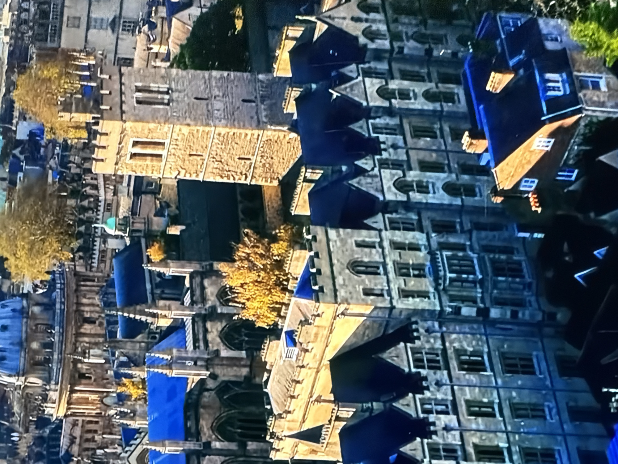 An aerial view captures a dense urban landscape in Maidstone, United Kingdom, under bright daylight conditions. The scene is dominated by a collection of prominent stone buildings featuring a variety of architectural styles. In the upper left quadrant, a large, circular neoclassical building with a distinctive blue-domed roof and multiple tiers of columns and windows is visible. To its right and throughout the mid-ground, numerous multi-story structures are present, constructed from light-colored stone, exhibiting intricate facades, arched windows, and crenellated parapets. Several roofs appear to be dark blue, with some possibly covered by tarpaulins. A tall, rectangular stone tower with small, rectangular windows and a crenellated top stands prominently in the upper right. Scattered trees display vibrant yellow and orange foliage, indicative of an autumn season. In the lower right, several smaller residential-style buildings with reddish-brown tiled roofs and multiple chimneys are discernible. No individuals, explicit actions, or interactions are visible within the frame. The environment portrays a historic and developed urban setting.
