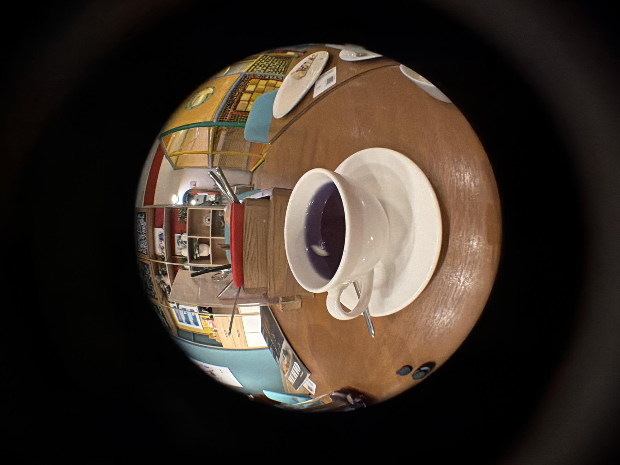 A fisheye lens captures a scene featuring a coffee cup filled with a purple-colored liquid resting on a saucer. The cup and saucer sit on a round, wooden table. The table contains other dishes and a pamphlet or booklet. The environment appears to be a cafe, and according to the booklet present, the location is in Izhevsk, Russia. The cafe has shelves stocked with items, and a section with tables and chairs.