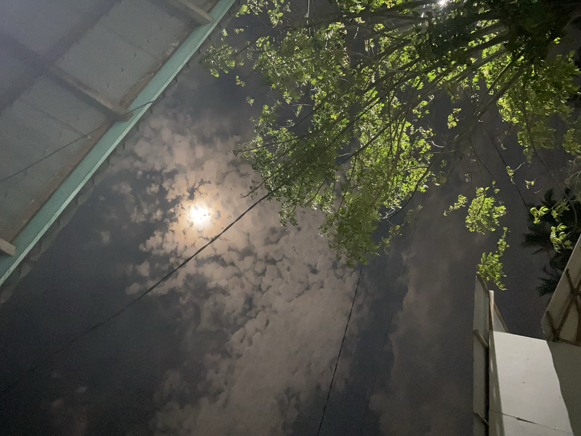 This is a low-angle shot at night in Idi Rayeuk, Indonesia. A bright full moon is partially obscured by clouds. A tree with many green leaves occupies the upper right corner. A power line stretches across the frame from the upper left to the lower right. Part of a roof can be seen in the upper left, and a white wall is visible in the lower right.