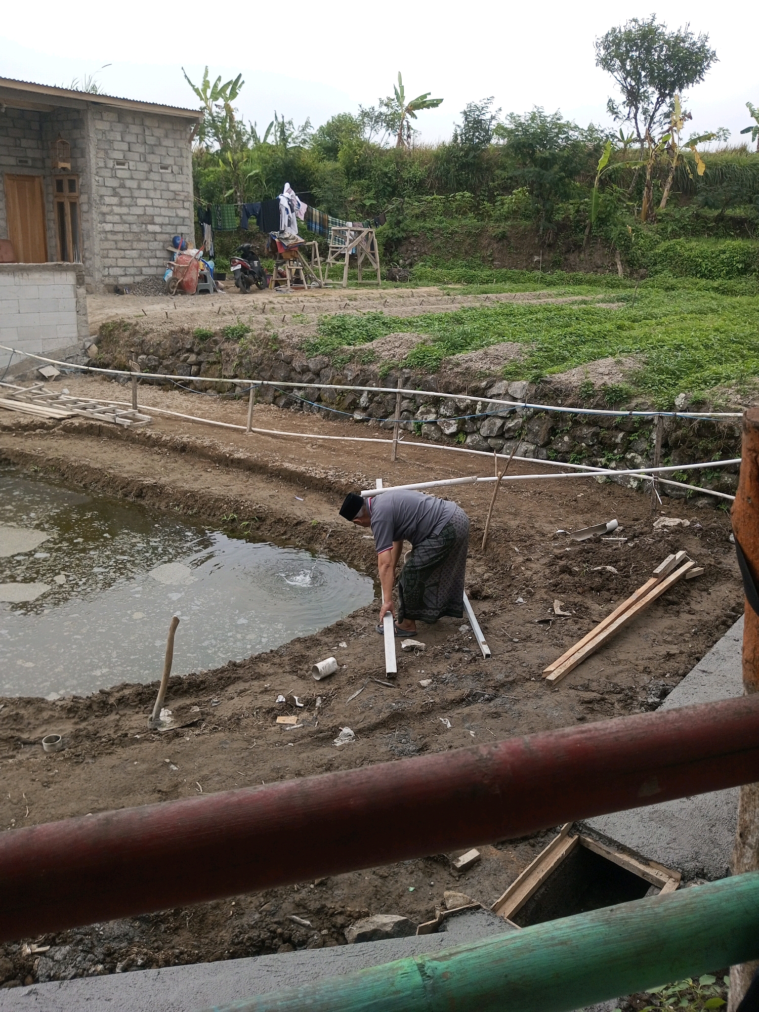 The image depicts an outdoor scene in Kalibeber, Indonesia. In the foreground, a person wearing a grey shirt and a patterned sarong is partially visible, leaning over a muddy body of water. The person appears to be interacting with a white pipe. The water is murky and appears to be a pond or a dug-out area. The surrounding ground is composed of dark soil and mud, with some scattered debris including pieces of white pipe, wooden planks, and a shovel.
In the mid-ground, a building constructed from grey bricks with a corrugated metal roof is visible on the left. In front of the building, there are some laundry items hanging on a clothesline. A red wheelbarrow and a motorcycle are also present. Beyond the building and the pond, there is a gentle slope covered with green vegetation and trees, suggesting a rural or semi-rural environment. A rough stone wall runs along the edge of the pond and a white pipe runs parallel to it.
The overall scene suggests ongoing construction or maintenance work, possibly related to water management or agricultural activities, in a tropical or sub-tropical setting. The sky is overcast, indicating a possibly humid or rainy day.