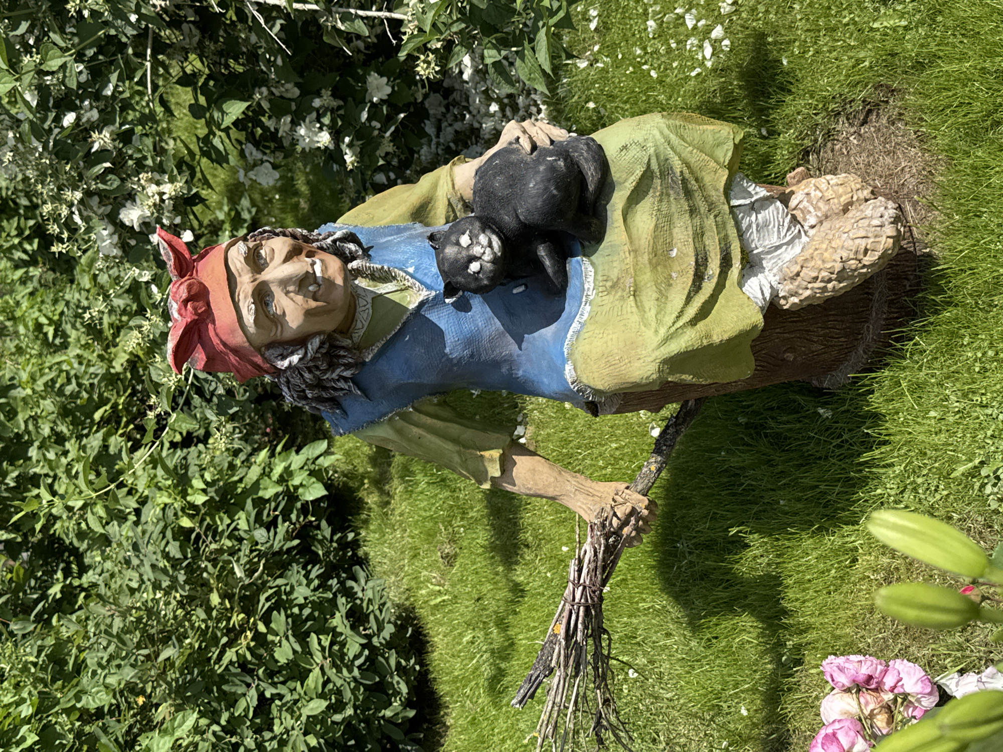 A garden gnome, dressed as a witch, sits on a stump in a grassy area, with a black cat in her lap. The gnome wears a red headscarf, a blue vest over a yellow tunic, and a green skirt. Her right hand holds a broom made of twigs. The gnome has a wrinkled face with an open mouth and a visible tooth. The cat is black with white markings on its face. The background consists of lush green bushes and grass, with some white flowers scattered among the foliage. In the foreground, to the left, are some pink flowers and green plant buds. The scene is brightly lit by sunlight, casting shadows on the grass. The gnome and cat appear to be a decorative garden statue. The provided context of the location "Земледелец-90 Спк, Russia" indicates this is likely a rural or suburban setting, possibly a dacha or private garden in Russia.
