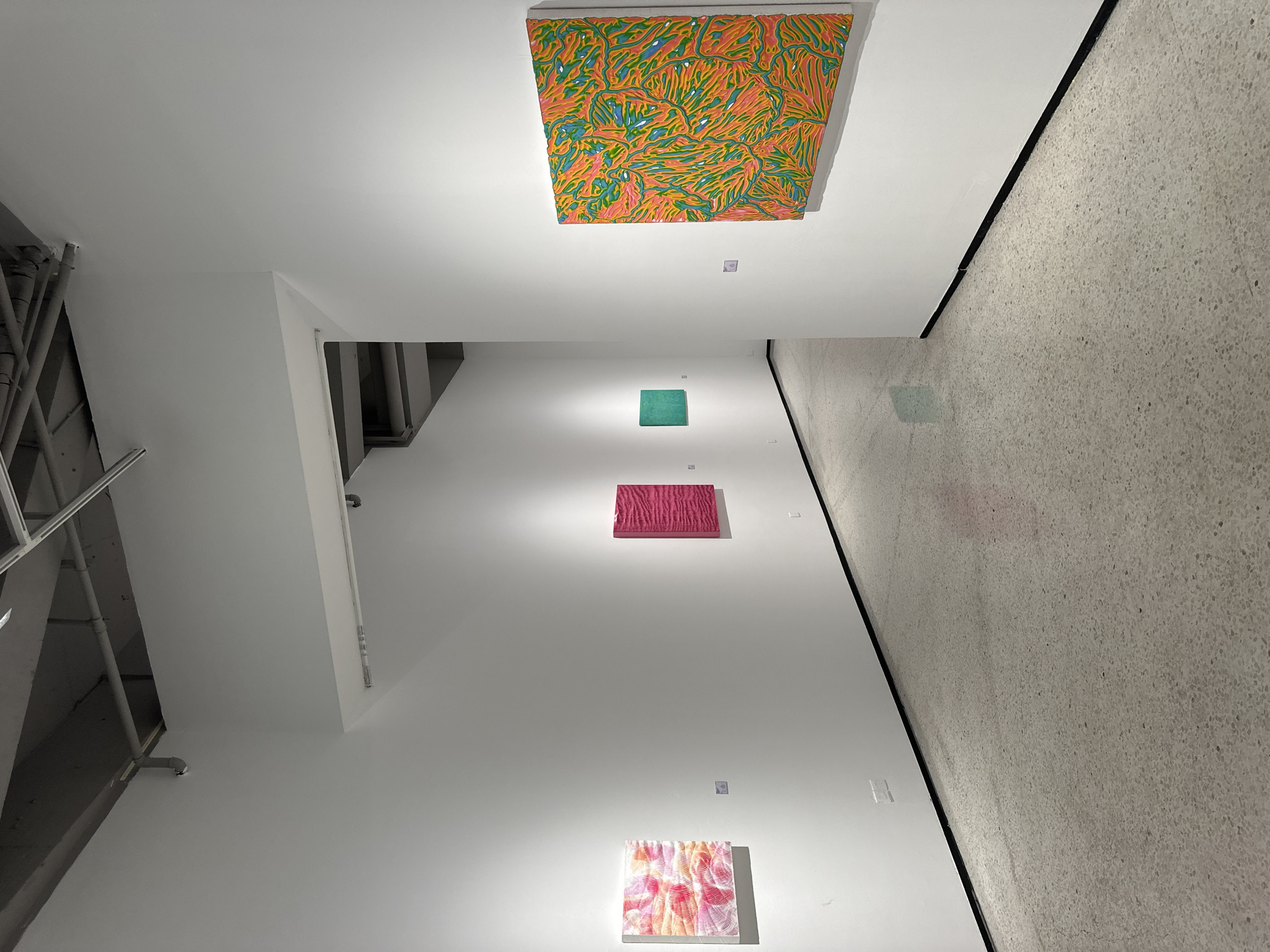 The image captures an interior view of an art gallery, likely in Banan, China, featuring white walls and a terrazzo floor. Several paintings hang on the walls, each appearing to be square in shape. From top to bottom, the first painting displays an orange background with blue and green linear patterns. The second is a bright green square. The third is a pink square, and the bottom painting displays a pattern of pink, white, and orange vertical lines. The composition highlights the gallery's minimalist design and the varying styles of the artwork on display. The image orientation appears to be tilted counterclockwise.