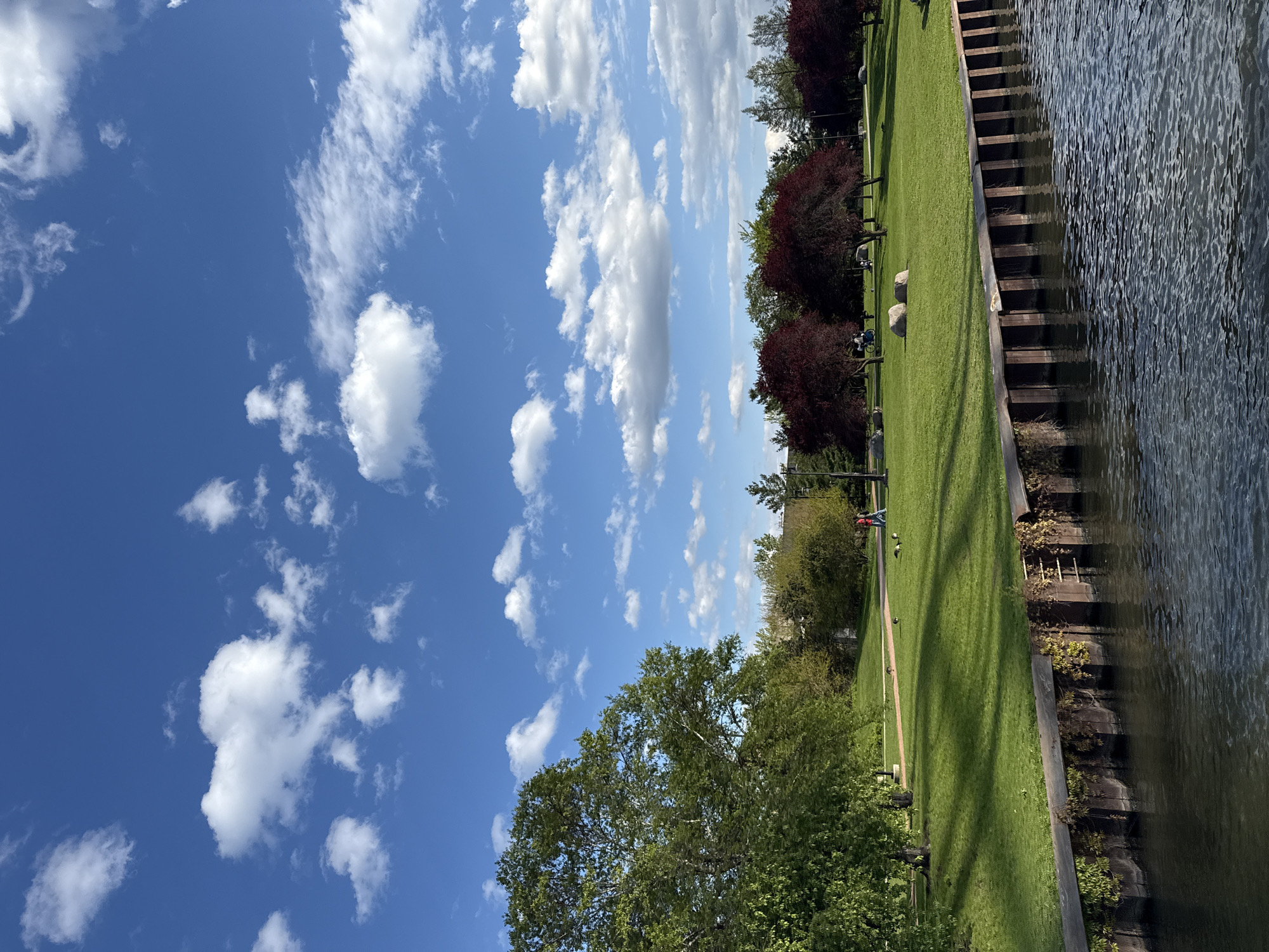 The image shows a sunny day with a blue sky dotted with puffy white clouds. On the right side of the image is a body of water with a dark surface. A grassy area extends along the water's edge, lined with trees and vegetation. There appears to be a step-like structure along the water's edge, possibly for access or erosion control. Based on the landscape features, the scene is likely in Chicago, United States of America.