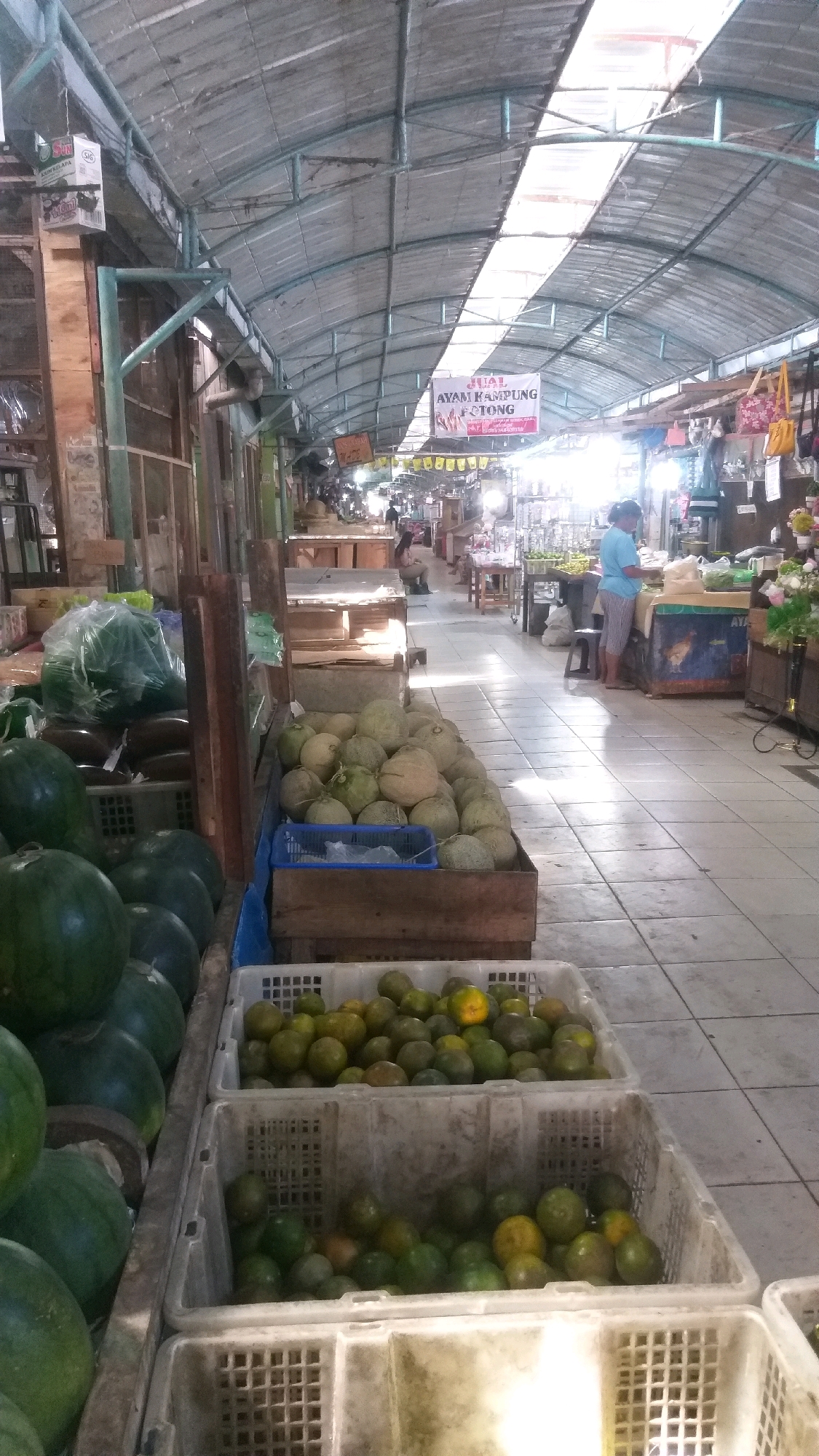 The image depicts an indoor market scene in Babadan, Indonesia. The market has a long, covered walkway with a corrugated metal roof, allowing natural light to filter in through translucent panels. Stalls line both sides of the walkway, displaying various fruits and goods.
In the foreground, several large, dark green watermelons are arranged in a row on the left. To the right of the watermelons are three white plastic crates filled with oranges. The top crate is filled with a large quantity of predominantly green and yellow oranges, with one bright orange one prominently visible. The middle crate contains a mix of green and yellow oranges. The bottom crate is partially visible and also contains oranges.
Further into the market, a wooden crate is filled with melons, appearing to be cantaloupes or similar varieties, in shades of green and beige. A blue plastic basket sits within this crate. Behind the melons, a large green tarp-covered object, possibly more produce, is visible.
In the background, a woman in a blue shirt and light-colored pants stands at a stall, interacting with what appears to be a customer or vendor. She is facing away from the camera. Other market stalls are visible with various items, including what looks like household goods and more produce. A banner advertising "JUAL AYAM KAMPUNG POTONG" (Sale of Cut Village Chicken) hangs from the ceiling in the middle of the market. The tiled floor of the market is visible throughout. The overall impression is that of a bustling, open-air market on a bright day.