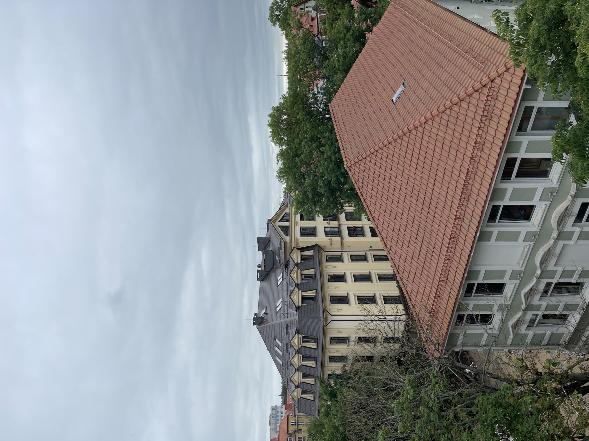 This is a vertical, medium-distance, outdoor shot showing an overview of buildings and trees under a cloudy sky. The scene is likely a residential area or a town with multi-story buildings and mature trees.
The main subjects are the buildings and foliage. In the foreground, a building with a reddish-brown tiled roof dominates the right side of the frame. This roof has a skylight. Adjacent to it, to the left, is another building with a pale green facade and numerous rectangular windows, each framed by white trim. Behind these, a taller, pale yellow building with multiple floors and many dark windows is visible. This building has a dark grey, mansard-style roof with several dormer windows. Further in the background, other buildings with orange roofs and a tall, slender structure in the distance are partially obscured by trees. Lush green trees are scattered throughout the image, some appearing to be in full leaf, while others are bare-branched, suggesting it could be late spring or early autumn.
The activity is not evident, but the scene suggests a typical day in a developed area. The sky is overcast, indicating a cloudy or overcast day, and the lighting is diffused, suggesting it is daytime, possibly morning or afternoon, without strong sunlight. There is no visible text in the image. The overall mood is neutral, presenting an architectural and natural landscape. The location context provided is Zelenogradsk, Russia.