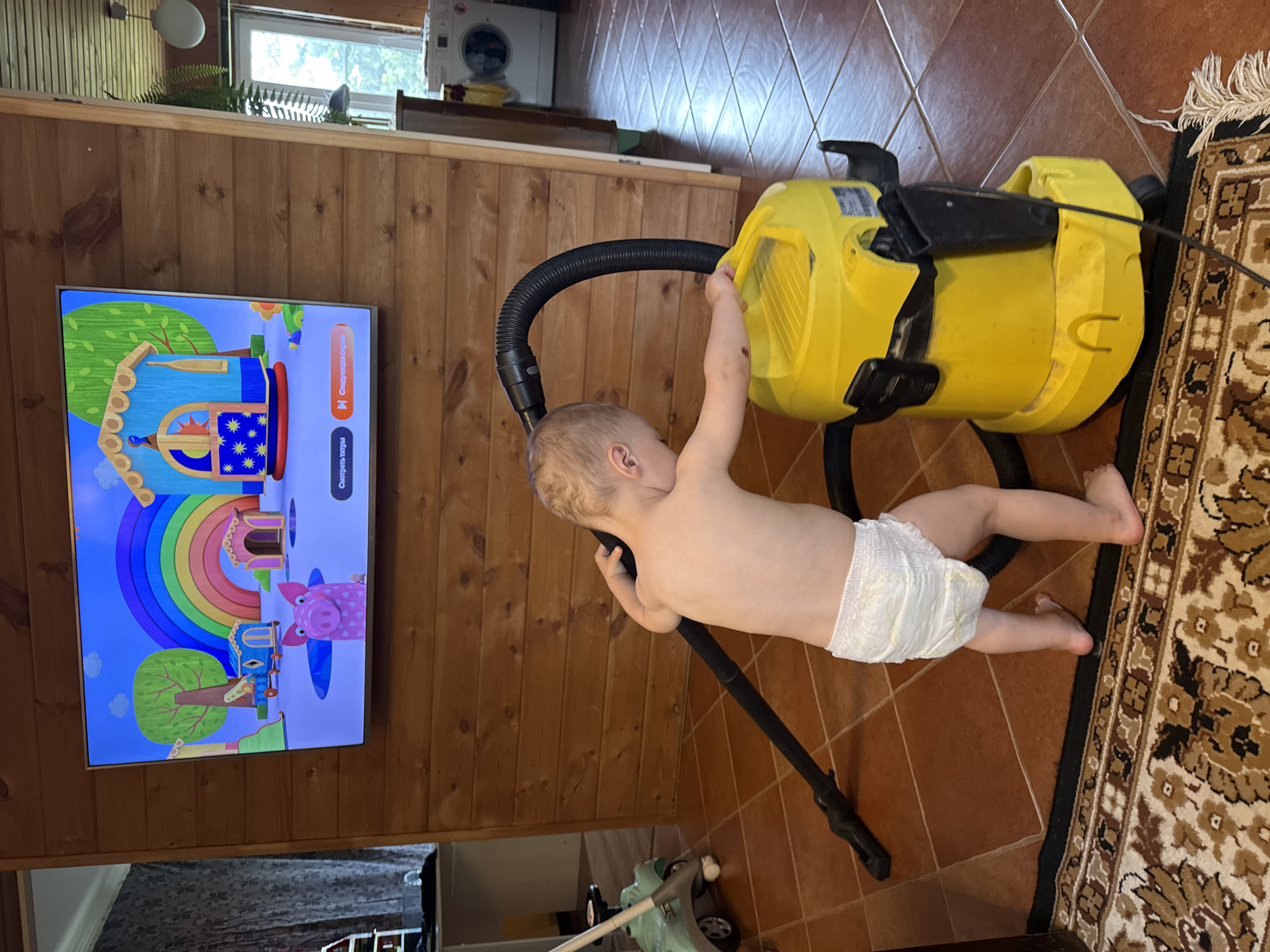 A toddler wearing a diaper is playing with a yellow vacuum cleaner. The child is positioned in the foreground, facing away from the camera, and is reaching for the vacuum cleaner hose. The vacuum cleaner is large and yellow, with a black hose. A television screen is visible in the background, displaying a colorful cartoon. The room has wooden walls and a tiled floor. A patterned rug is also visible. The overall scene suggests a domestic setting, likely a living room or playroom. There is no indication of the time of day or weather conditions. The location context provided is Zassovskaya, Russia. There is no visible text in the image.
