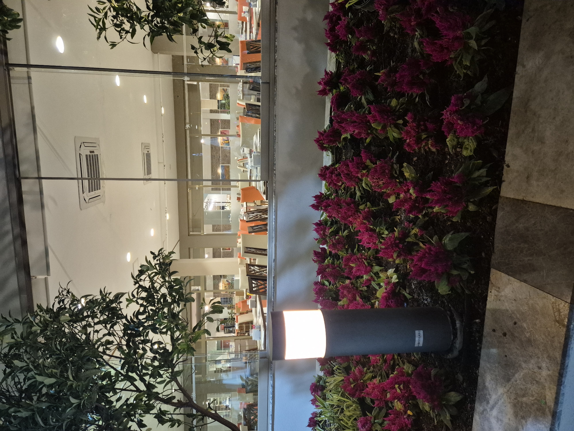 An exterior shot taken at night depicts a restaurant viewed through a large glass window. Inside, the dining area is illuminated by overhead lights and features tables set with white tablecloths and orange chairs. A prominent air conditioning unit is visible on the ceiling. Outside, a garden bed is filled with numerous bright pink flowers and features a modern, cylindrical lamppost that is lit. A portion of a tree with dark green leaves is visible on the left side of the frame. The ground in front of the garden bed is paved with large, square marble tiles. The overall scene suggests a well-maintained outdoor dining area.