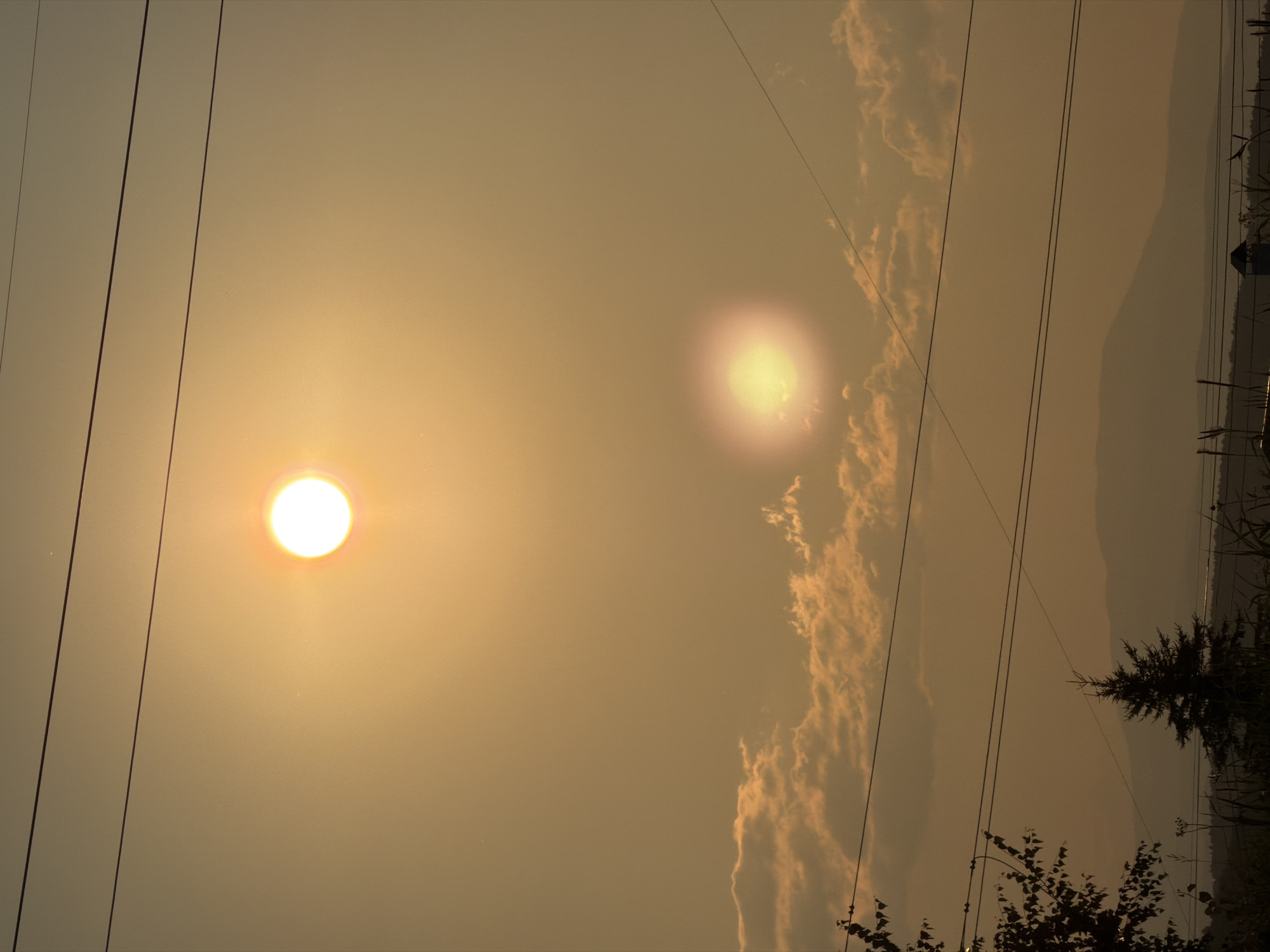 The image depicts a hazy, golden sunset over a rural landscape. In the sky, two bright suns are visible, one higher and sharper than the other, which appears as a diffused glow. Power lines crisscross the frame, intersecting with the sky and obscuring parts of the horizon. Below the sky, scattered clouds tinged with orange light are visible. The foreground features the silhouette of a solitary evergreen tree and some foliage, along with what appears to be a small, dark structure in the distance. The overall impression is one of a tranquil, somewhat atmospheric natural scene, possibly captured during dusk or dawn. The location is unknown.