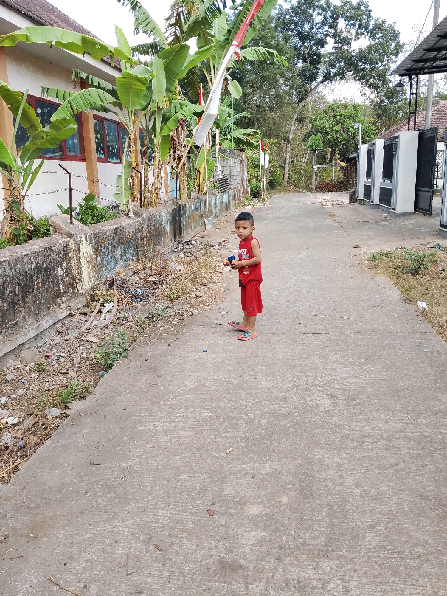 The image depicts a young boy standing on a paved path in what appears to be a rural or semi-urban area of Karangsari, Indonesia. The boy, wearing a red sleeveless shirt and red shorts, is holding a small blue object. He is barefoot except for pink flip-flops.
To the left of the path, a low concrete wall borders a property with a building behind it. This building has a tiled roof and windows with red frames. Banana trees with large green leaves are prominent next to the building. A barbed wire fence is visible along the top of the concrete wall. Debris, including trash and dry vegetation, is scattered along the base of the wall and the edge of the path.
To the right of the path, there are modern-looking structures with black gates and white panels, possibly residences or commercial units. Beyond these structures, more trees and vegetation can be seen, suggesting a natural landscape. Two Indonesian flags are planted near the banana trees on the left side of the image. The overall environment appears dry and somewhat unkempt. The lighting suggests it is daytime, likely in the morning or afternoon.