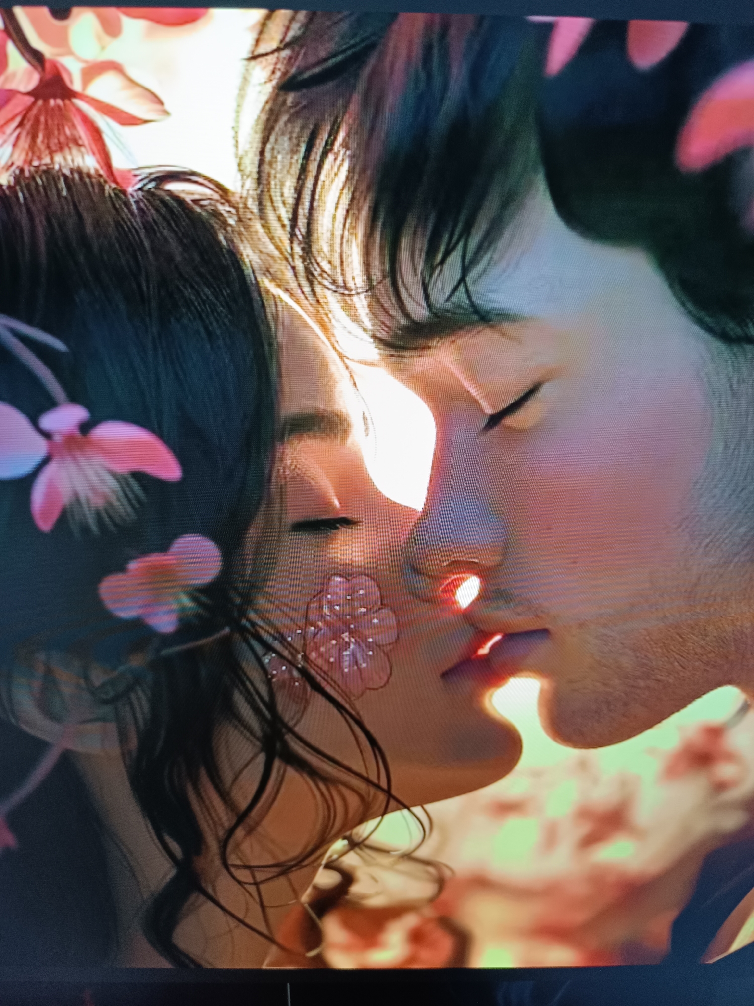 A close-up, portrait-style image depicts a tender moment between two individuals, implied to be kissing, against a soft, blurred background of pink and green hues. The lighting is dramatic, with a strong highlight on the right side of the frame, illuminating the faces of the individuals and creating a warm glow. The subject on the left has dark hair, partially obscuring their face, with pink floral elements superimposed on their cheek. The subject on the right has lighter hair and visible stubble, with their eyes closed. The overall aesthetic is romantic and ethereal, with a painterly quality. The image does not contain any elements that would allow for its localization to Taraz, Kazakhstan, or any specific urban environment.