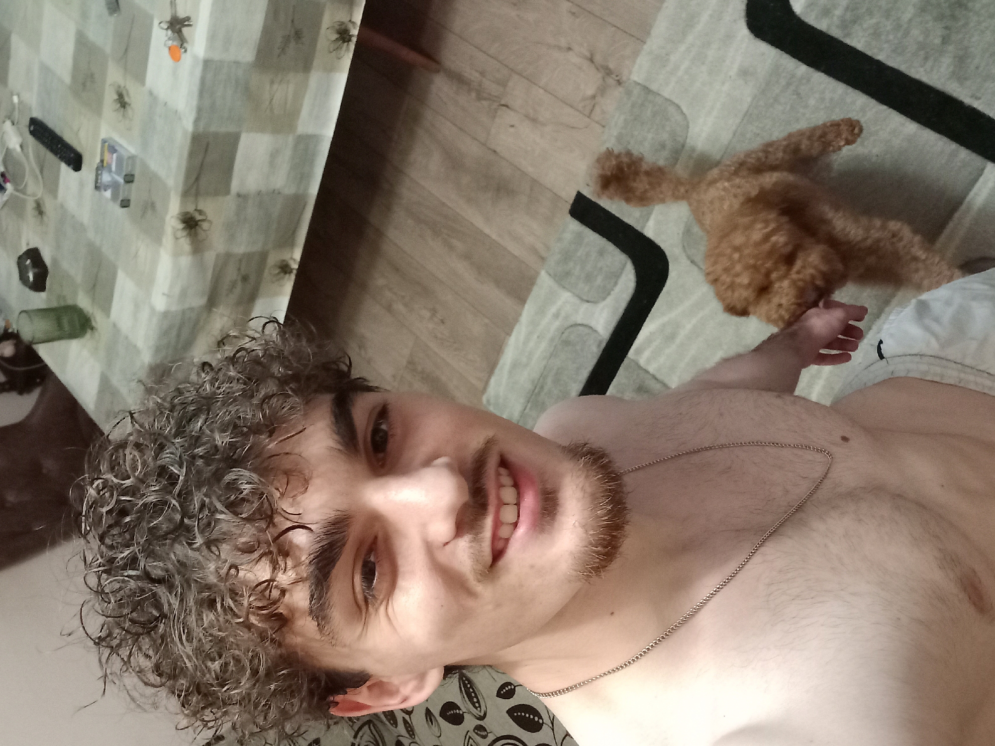 The image is a selfie taken indoors, likely in a domestic setting. A young Caucasian male with curly brown hair, a goatee, and a chain necklace is the primary subject. He is shirtless and smiling at the camera. To the right of the frame, a small, fluffy, light brown dog, possibly a poodle mix, is standing on a rug. In the background, a table with a checkered tablecloth is visible, featuring several objects including a remote control, a glass, and keys. The floor is made of wooden planks, and a patterned rug is under the dog. The overall environment appears to be a living room or dining area. There is no identifiable information to place the location in Parvomay, Bulgaria.