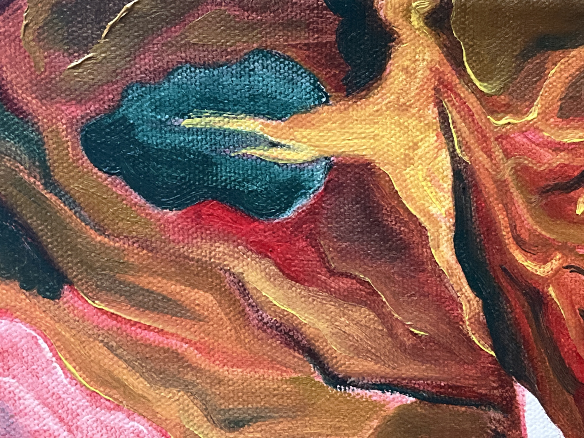 This is a close-up of an oil painting featuring a mix of colors including brown, gold, yellow, red, pink, and dark teal. The brushstrokes are visible, and the colors blend together in a textured manner. The scene is abstract and does not depict a clear, recognizable subject or location.
