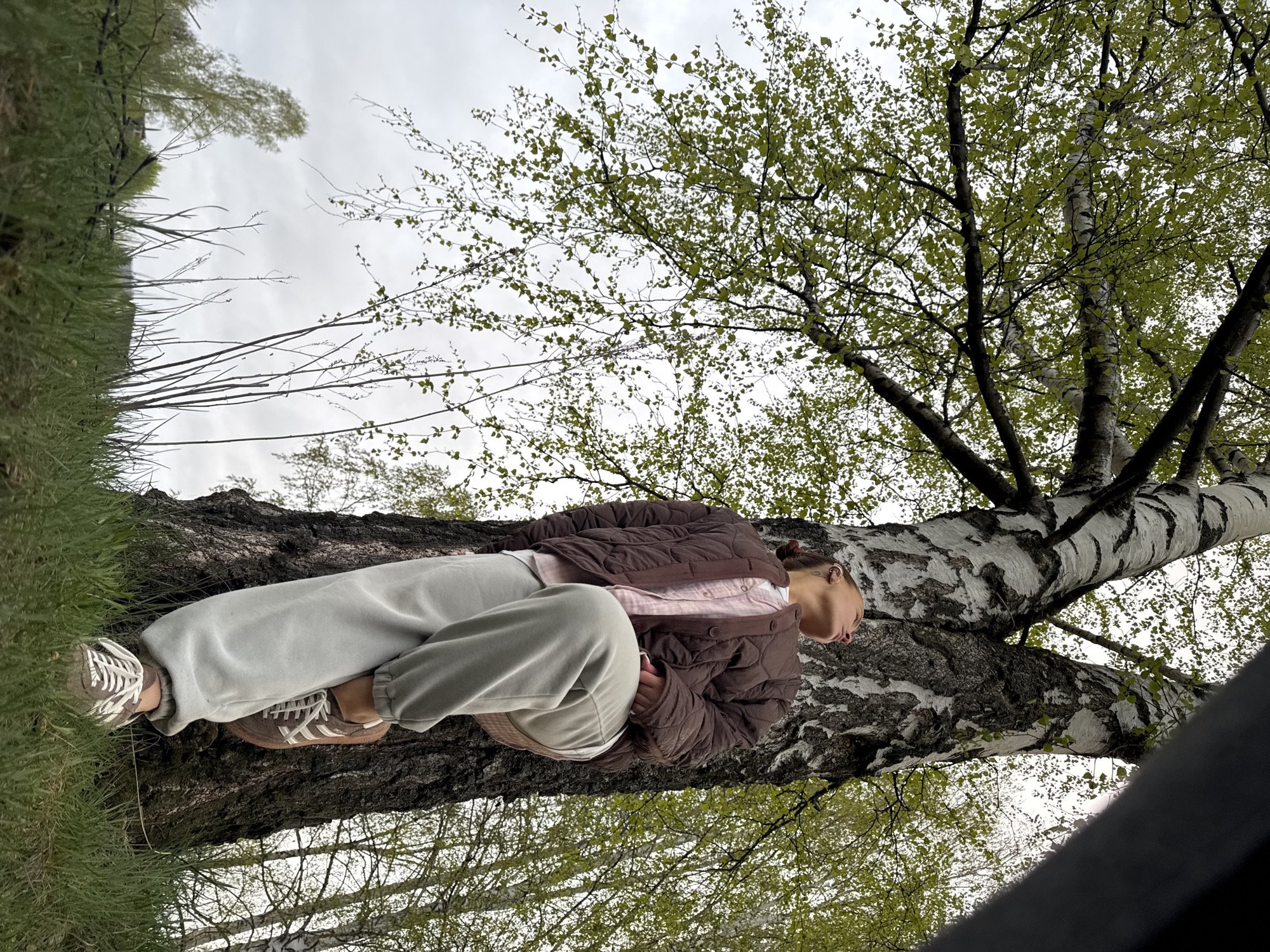 A person is lying lengthwise on a large tree branch, seemingly outdoors in the vicinity of Chastyye, Russia. The person is wearing light-colored sweatpants, brown sneakers with white laces, a light pink shirt, and a brown quilted jacket. The tree branch on which they rest is part of a birch tree, evidenced by the white and black bark visible in the image. The viewpoint is from below, looking up at the tree and the person. Green foliage and branches frame the view, suggesting a forest or wooded area. The sky is overcast, contributing to the image's overall subdued lighting. A blurred section of the image is located to the bottom right.