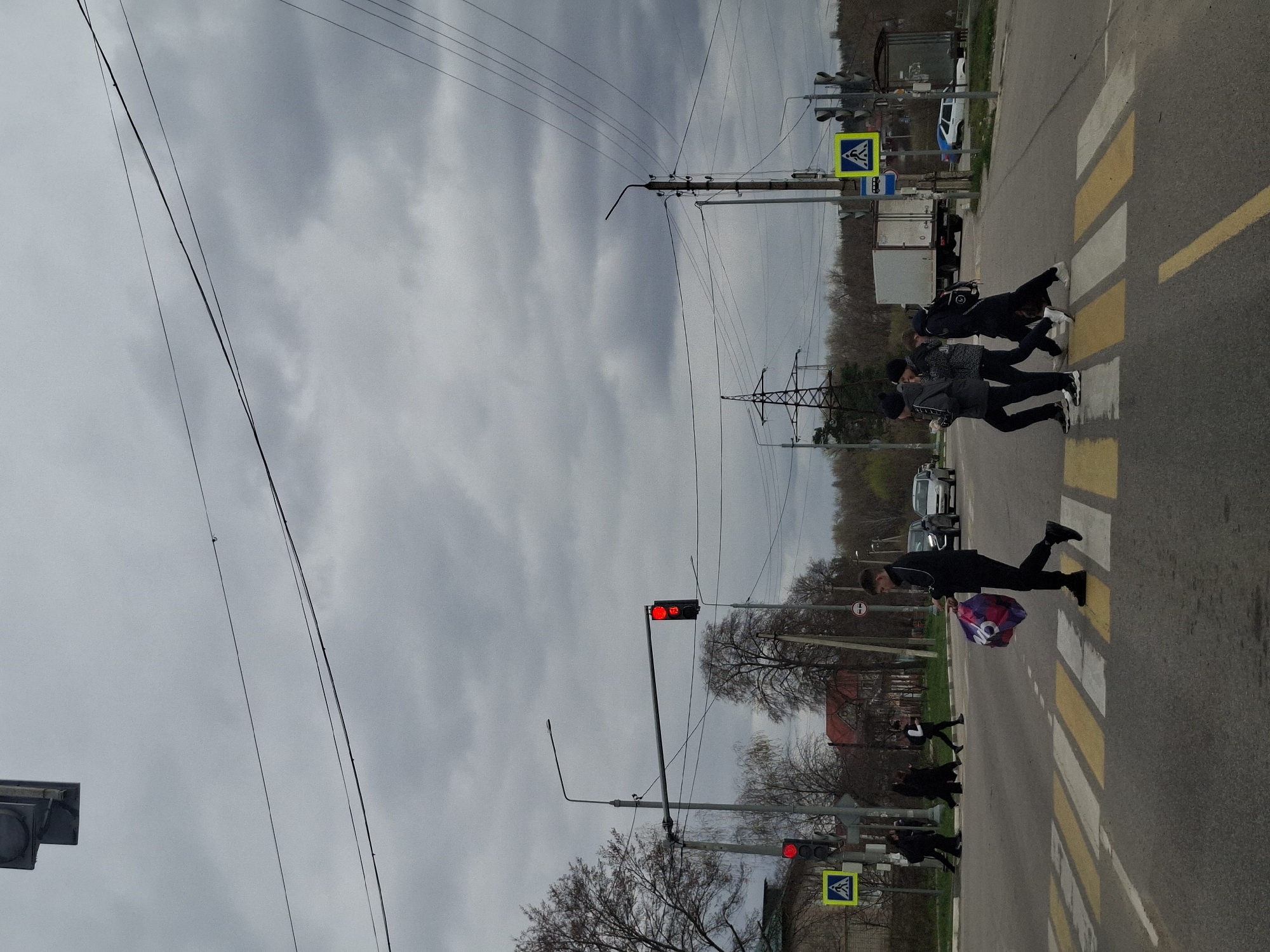 The image, rotated 90 degrees counter-clockwise, captures a street scene on an overcast day in Zadonsk, Russia. Several pedestrians are crossing a marked zebra crosswalk.
In the foreground, a traffic light displaying a red signal is visible on the left side of the road, indicating that vehicles should stop. Further down the road, another traffic light also appears red. A pedestrian crossing sign, a blue square with a white triangle and black pedestrian icon, is prominent both in the foreground and further back on the right side of the road.
The main subjects are pedestrians, primarily young individuals, walking across the street. One person in the foreground, wearing dark clothing, carries a colorful bag with partial visible text that resembles "NO" or "NQ" in purple and pink. Further back along the crosswalk, a group of three or four other people are also crossing.
The setting includes utility poles and numerous power lines crisscrossing the sky, along with a larger lattice-style electricity pylon in the mid-ground. Trees with bare branches, characteristic of late autumn or early spring, line the background. Vehicles, including a white truck and a light-colored car, are parked or moving on the far side of the road. The sky is largely covered with thick, gray clouds.