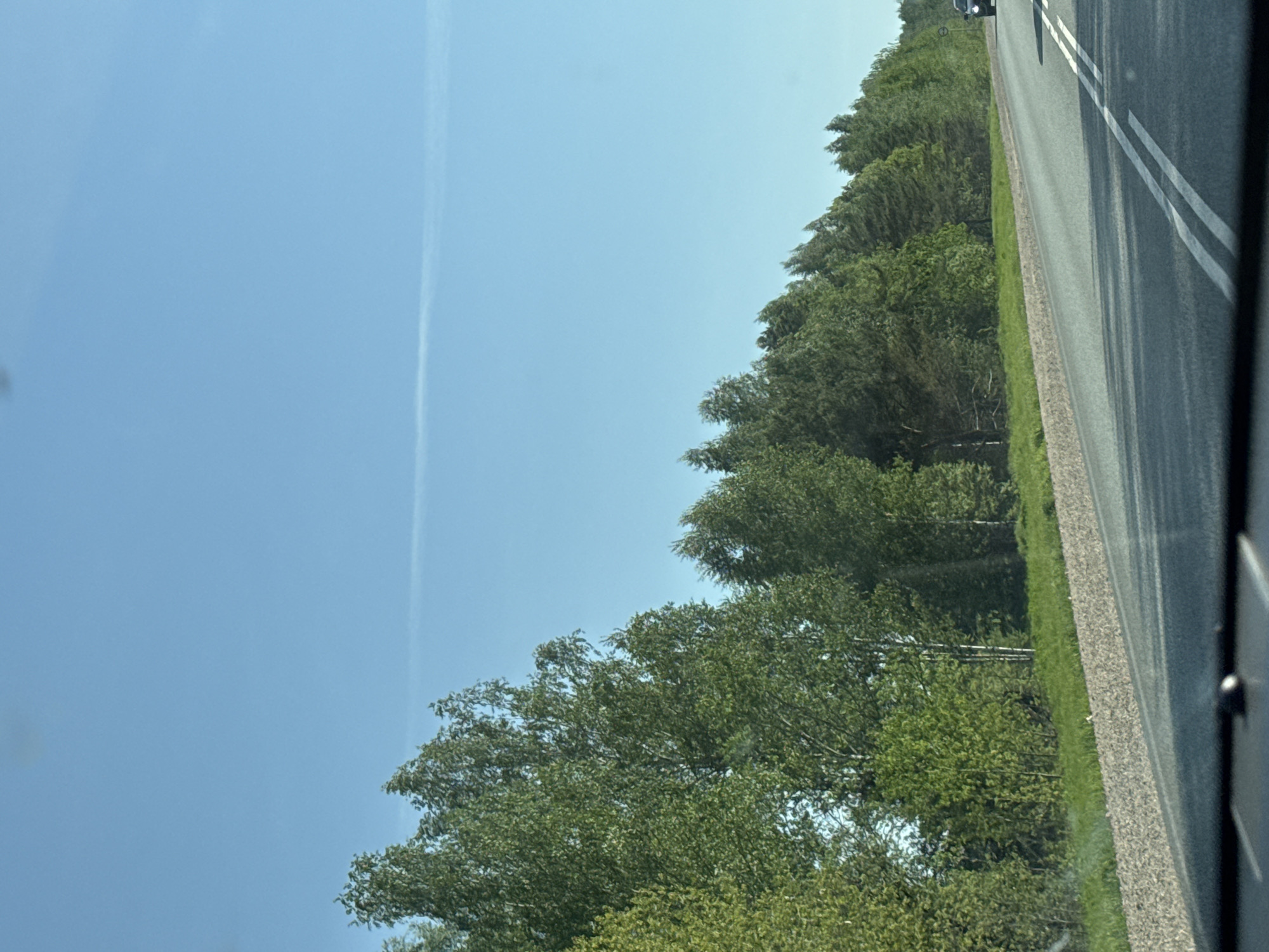 The image depicts a view from a moving vehicle, possibly in the vicinity of Шумиха, Russia, as it drives alongside a two-lane road. A strip of green grass and trees lines the road. The sky is a clear blue with a contrail visible. The view is framed by the car's interior at the right side of the image. The angle suggests the picture was taken looking upwards.