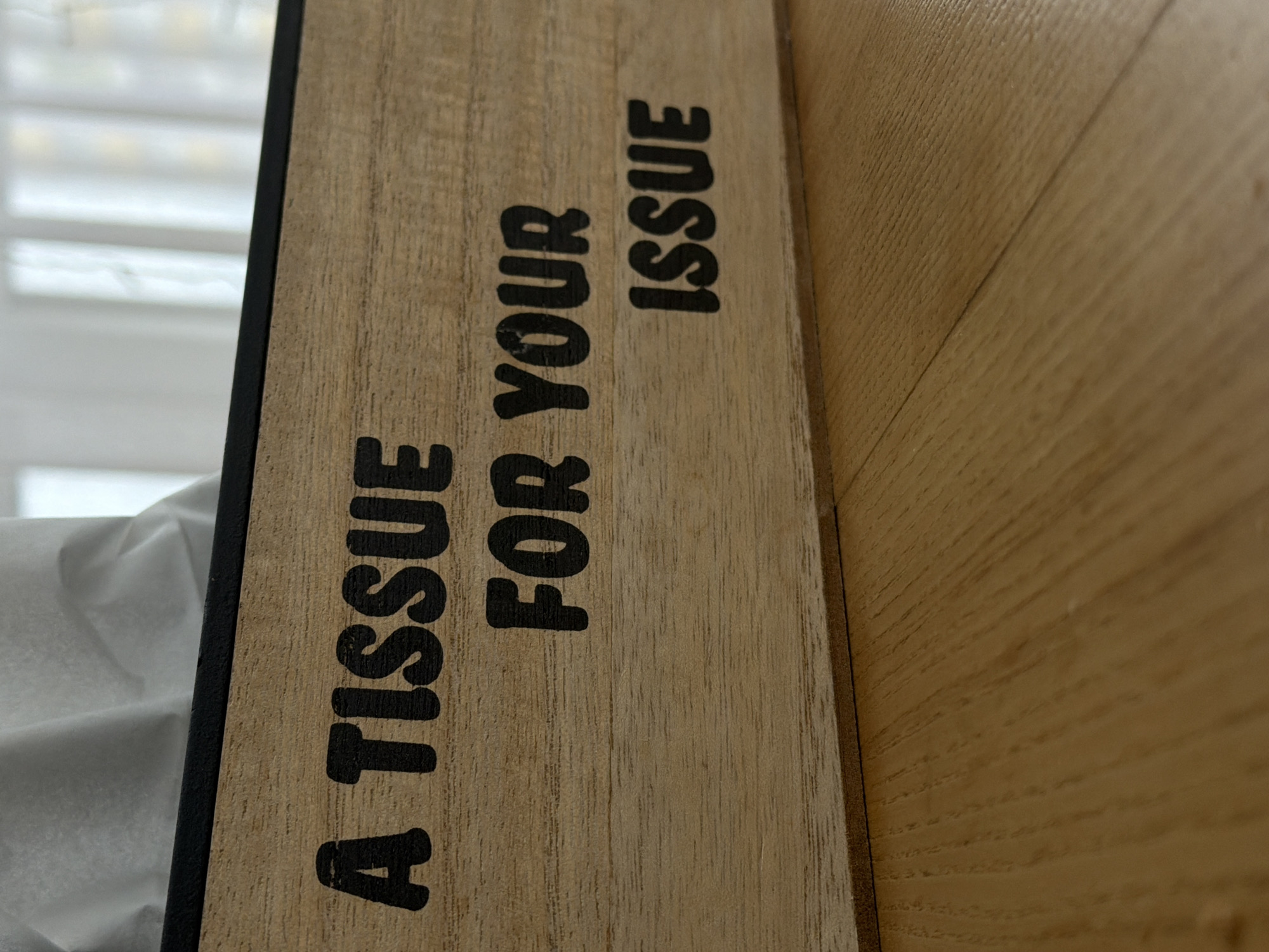 The image displays a close-up, slightly tilted view of a wooden object, likely a tissue box cover or a decorative plaque, in an indoor setting. The object is made of light-colored wood with visible grain patterns and has a black border on its left edge.
Prominently displayed on the wooden surface is the phrase "A TISSUE FOR YOUR ISSUE" printed in black, bold, uppercase letters. The text is oriented vertically along the length of the wooden item, with the words "A TISSUE" appearing first, followed by "FOR YOUR," and then "ISSUE" further down.
To the immediate left of the wooden object, a soft, white, crinkled material, resembling tissue paper, is visible. The background on the far left consists of blurry, light-colored horizontal lines, suggesting a window with blinds or a similar architectural feature. To the right of the wooden object, another wooden surface, possibly a table or floor, is visible, extending diagonally into the frame.
No people or activities are depicted in the image. The lighting appears soft and diffused, characteristic of an indoor environment, possibly near a window. The scene is located in Sofiivska Borshchahivka, Ukraine.