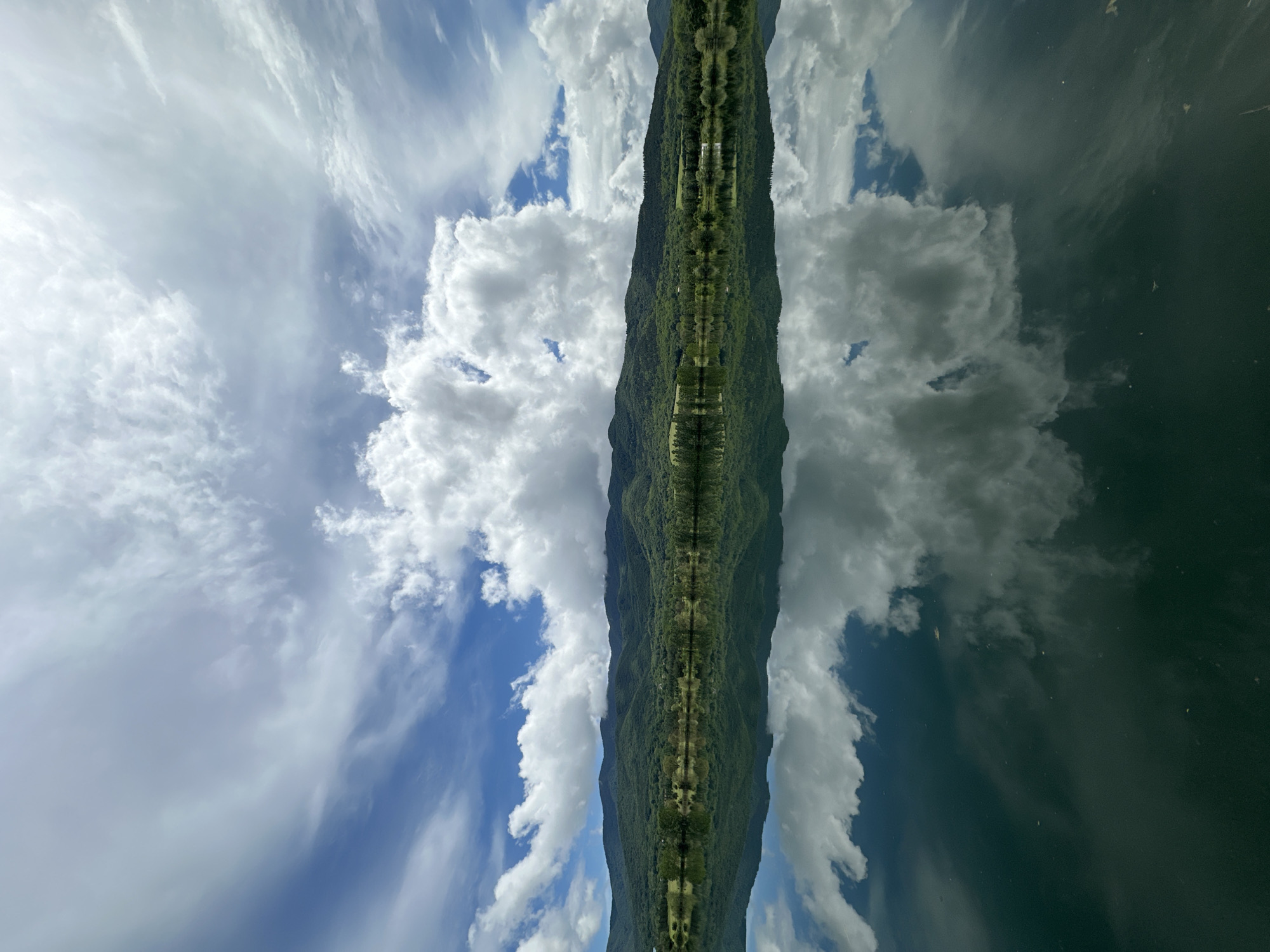 The image displays a highly symmetrical natural landscape, dominated by a prominent, vertically oriented landmass that stretches from the top to the bottom of the frame. This central feature is a heavily forested mountain ridge or valley, characterized by lush green foliage and trees. It exhibits perfect horizontal mirroring along its own axis, creating a strong sense of visual balance.
To the left of this central green landform, a vibrant blue sky is visible, adorned with dynamic white clouds. These include fluffy cumulus clouds and delicate, wispy cirrus clouds, indicating clear and bright daytime conditions.
To the right, a dark, tranquil body of water reflects the sky and clouds. The reflection is deeper in tone, with the clouds appearing as softened, greyish masses against a dark blue-green surface. Subtle textures within the reflection suggest the presence of ripples or slight movement in the water.
The overall scene is a serene and expansive natural setting, likely in a mountainous or lakeside region. No specific activities or events are depicted, and there are no visible people, objects, or text. The bright lighting suggests it is daytime, and the weather is partly cloudy. The composition, with its striking symmetry and natural elements, evokes a sense of peaceful grandeur. The context suggests this landscape is located in Razliv, Bulgaria.