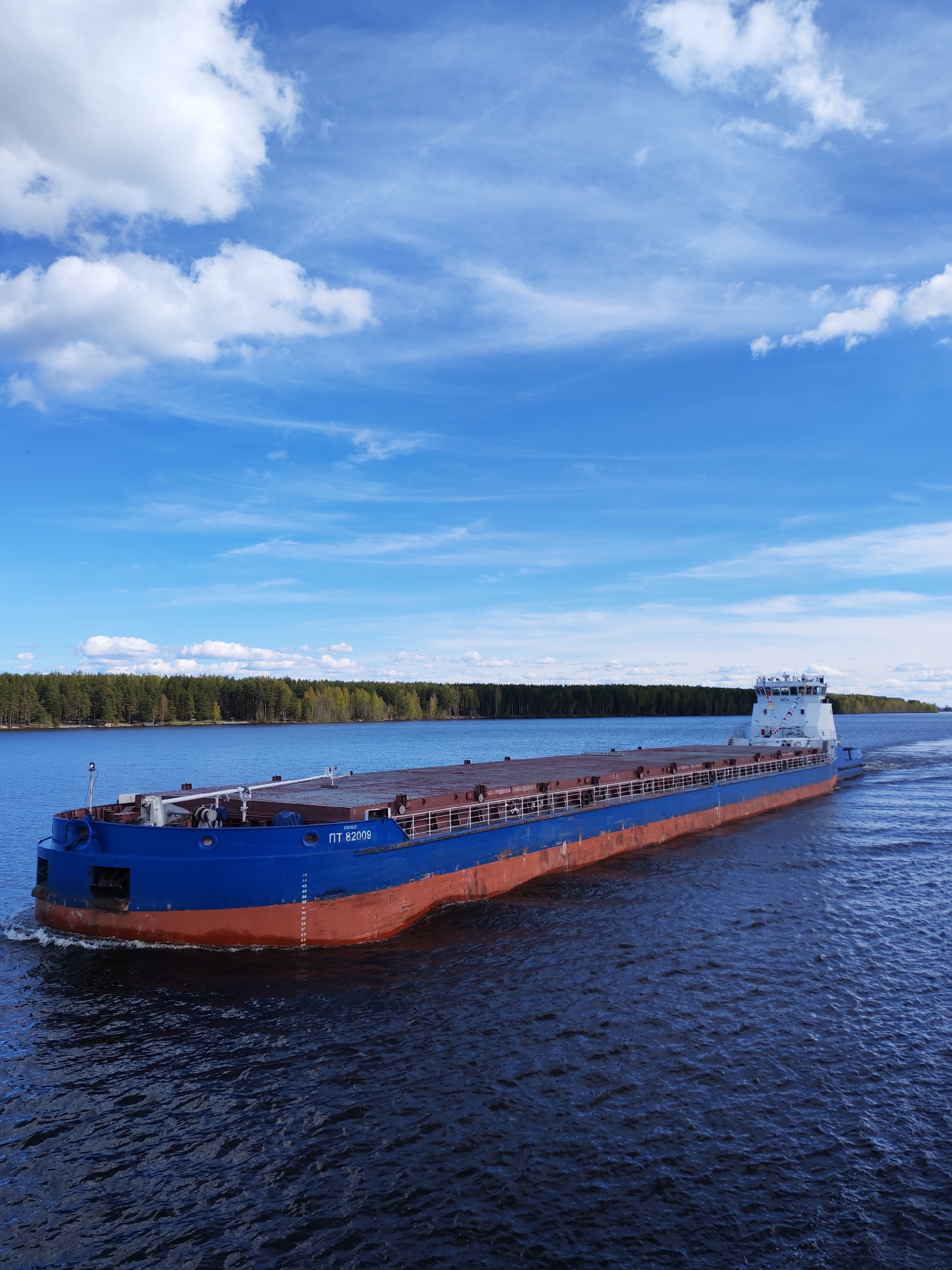 A barge navigates a waterway in Topornya, Russia. The barge is predominantly blue above and red below the waterline. The hull is marked with "ПТ 82009." The barge is flat-topped, likely for cargo. Water surrounds the barge, rippled with its movement. The distant shoreline has a dense, green forest. The sky is blue with scattered white clouds.