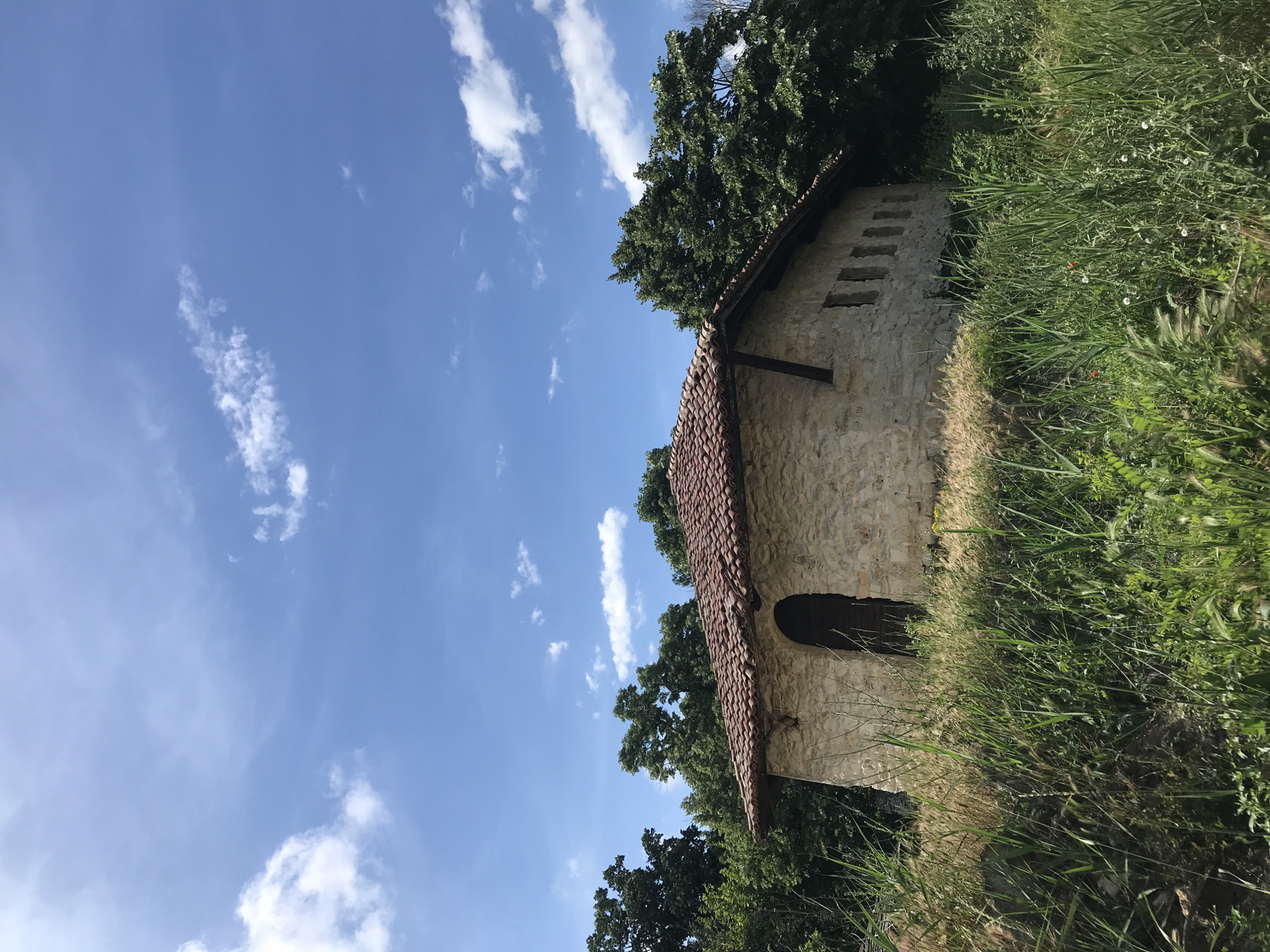The image depicts a small, stone building with a terracotta tile roof, nestled amongst lush green trees and tall grass. The building has an arched wooden doorway and several small, rectangular windows on its side. The sky is a vibrant blue with scattered white clouds. The scene is set in the Varna region of Bulgaria, specifically at the Medieval Rock Monastery "The Holy Archangel Michael" in the village of Kirilovo, near Varna. The environment appears serene and natural, suggesting a historical or religious site surrounded by untouched landscape.