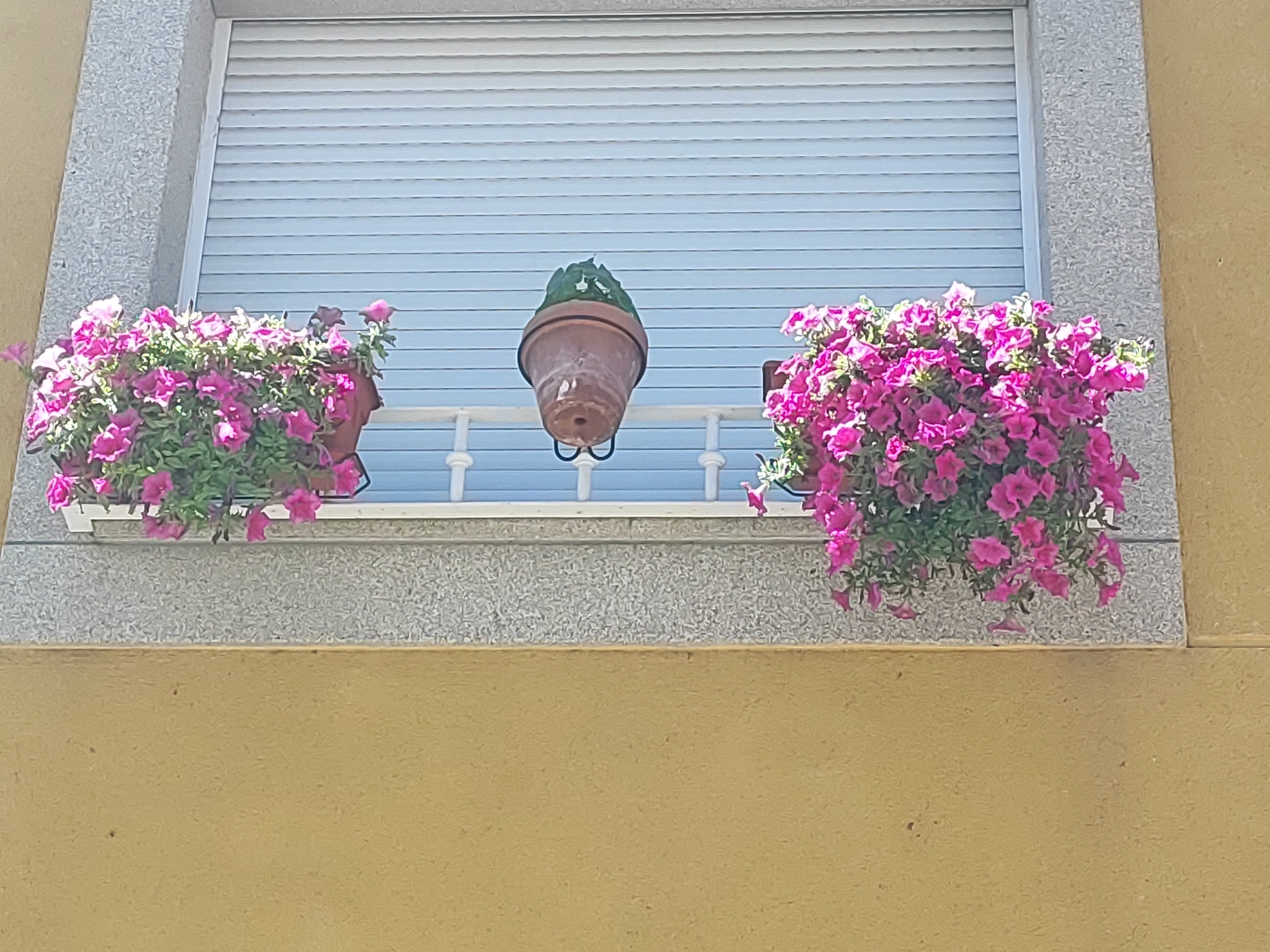 This is a daytime, eye-level shot of a window with a beige, textured wall surrounding it, located in Lumbrales, Spain. The window has a grey, speckled frame and a light blue, slatted shutter. In front of the shutter, a white decorative railing is visible. Two planters filled with vibrant pink petunias are suspended from the railing, one on the left and one on the right side of the window. Between the two planters, a single, inverted terracotta pot hangs from a black metal bracket. The pot is empty except for a small amount of green foliage at its rim. The overall scene depicts a decorated window sill with floral arrangements.