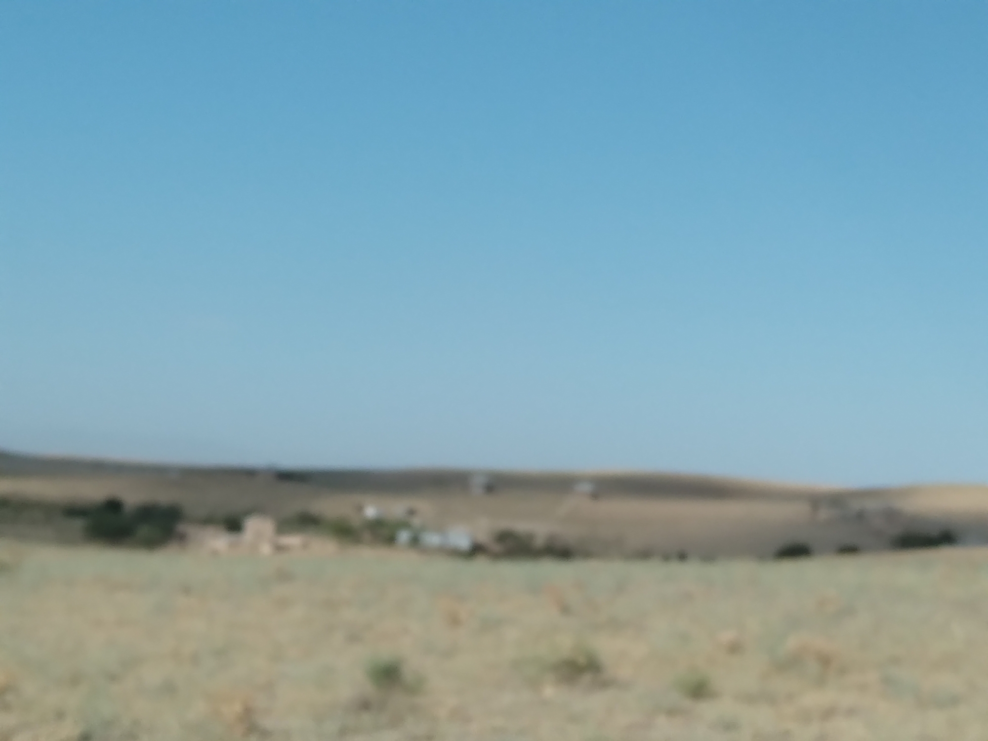 The image depicts a vast, open, dry landscape under a clear, pale blue sky. In the foreground, there is dry, light brown grass with sparse green vegetation. In the middle ground, there are rolling, tan-colored hills. Scattered on these hills are several small, light-colored structures, possibly buildings or ruins. Some dark green vegetation is also visible amidst the structures and on the hillsides. The overall impression is of a rural or remote area, with no people or animals clearly discernible due to the image's blurriness. The scene suggests a location in Aktepa, Uzbekistan, characterized by its arid terrain and scattered settlements.