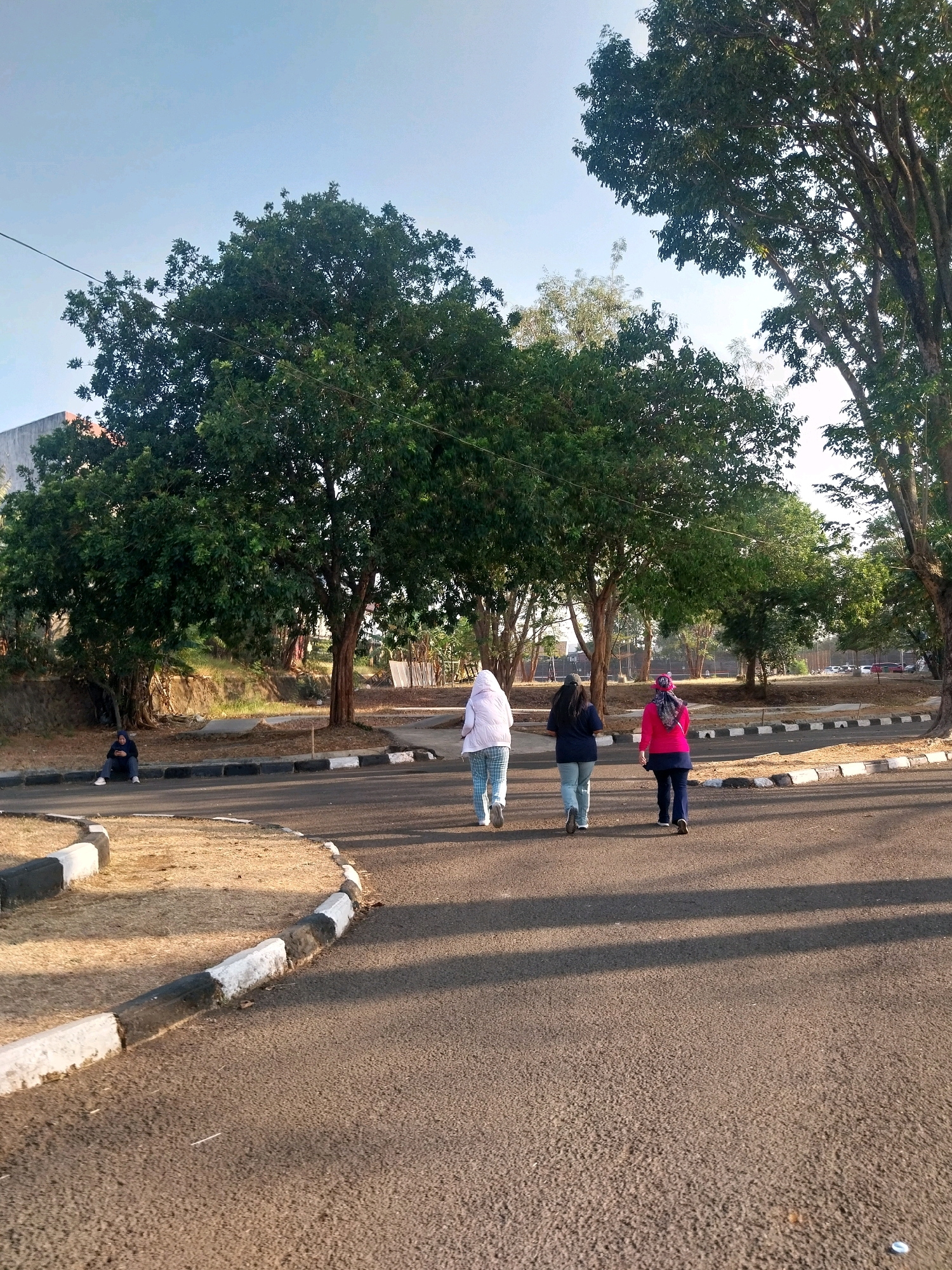 The image depicts an outdoor scene on a paved road with grass and trees surrounding it. Three women are walking away from the camera on the road. The woman on the left is wearing a white hooded jacket and checkered pants. The woman in the middle is wearing a dark hoodie and light-colored jeans. The woman on the right is wearing a bright pink jacket and dark pants, with a patterned headscarf. To the left of the road, a person in a dark hoodie is sitting on the curb. The environment suggests a park or a campus setting, with mature trees casting long shadows across the road, indicating it is likely morning or late afternoon. The area appears to be an open space within the city of Cirebon, Indonesia.